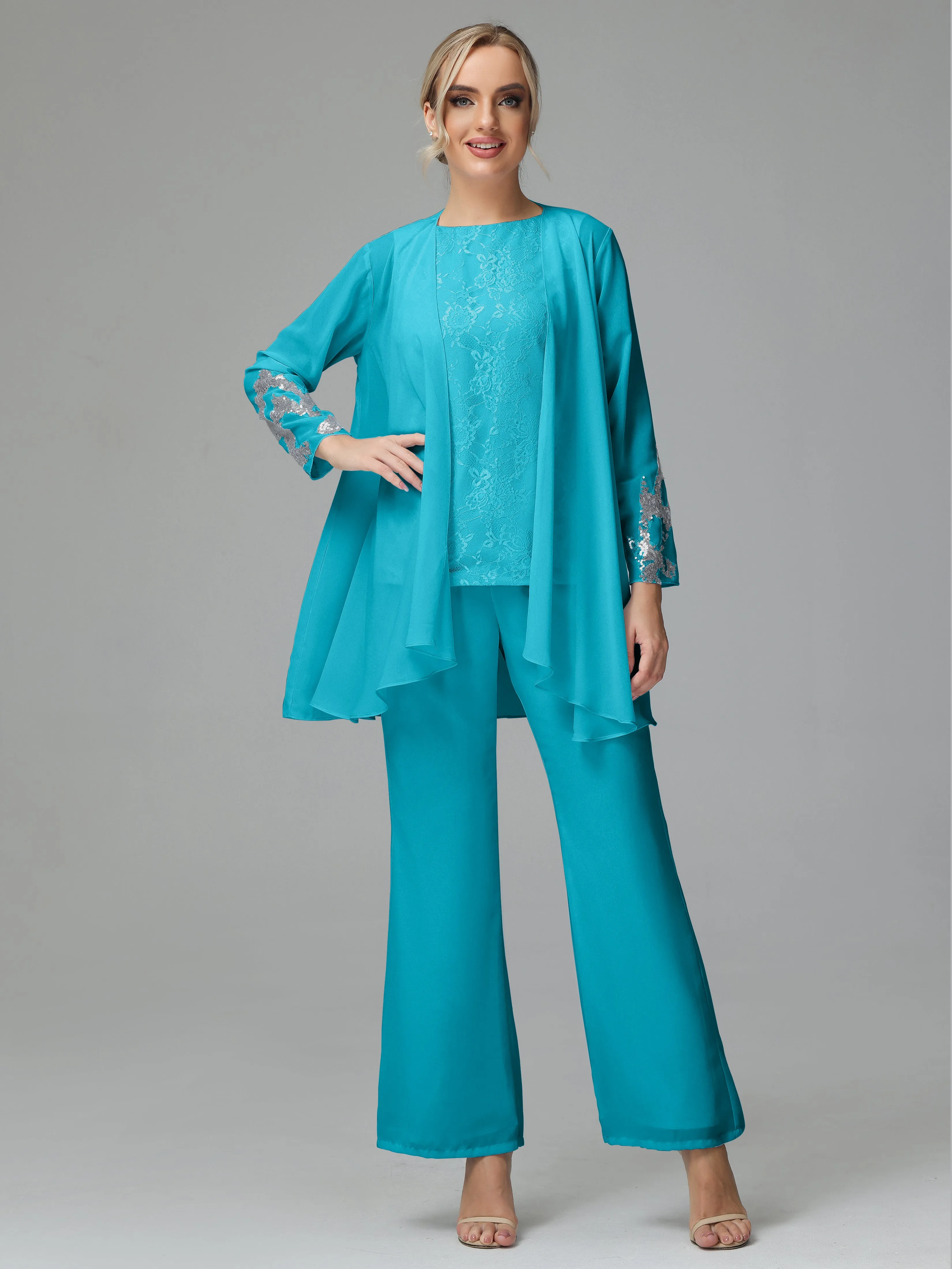 Chiffon 3 Pieces Mother of the Bride Dress Pant Suits With Appliques