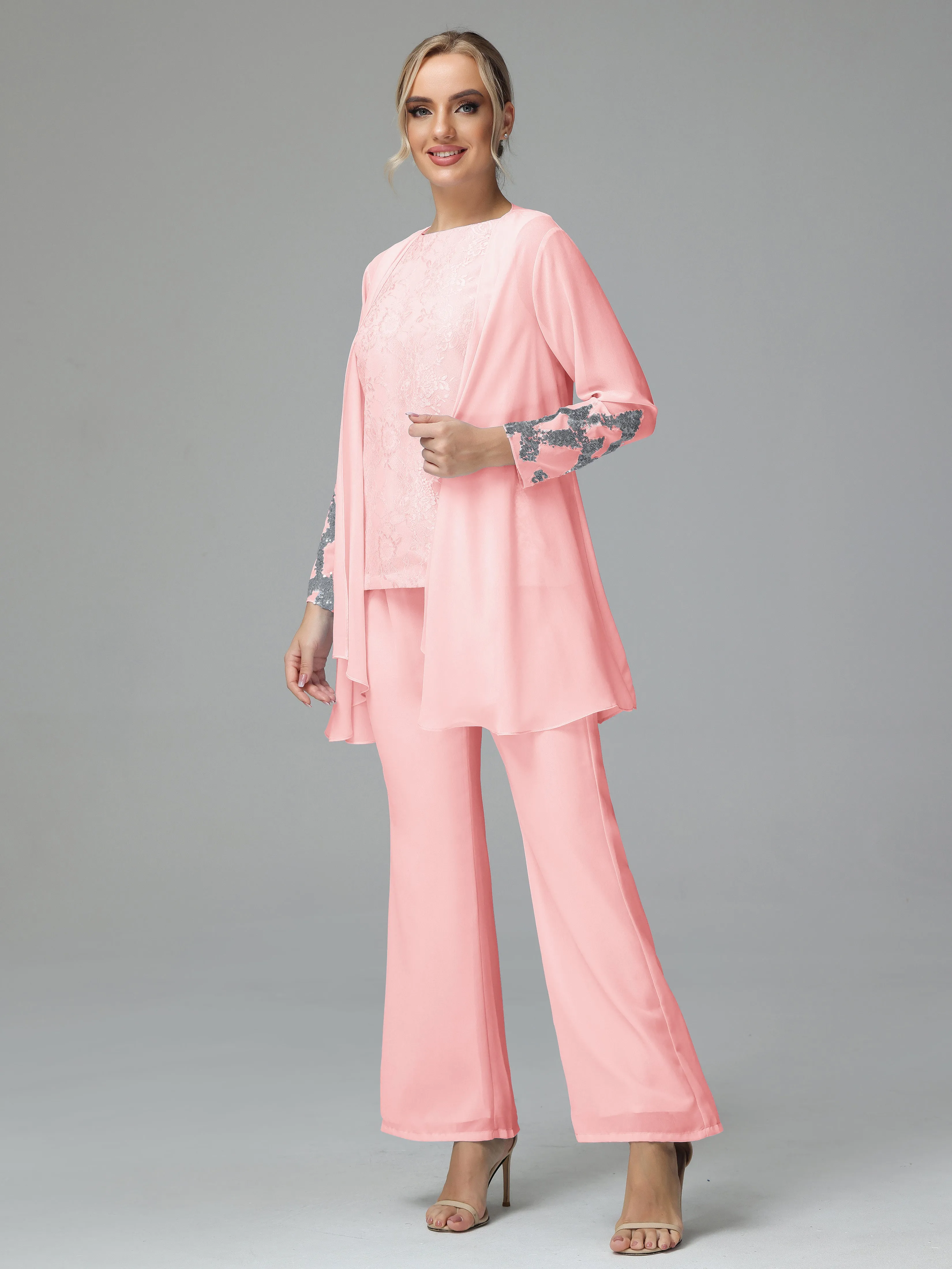 Chiffon 3 Pieces Mother of the Bride Dress Pant Suits With Appliques