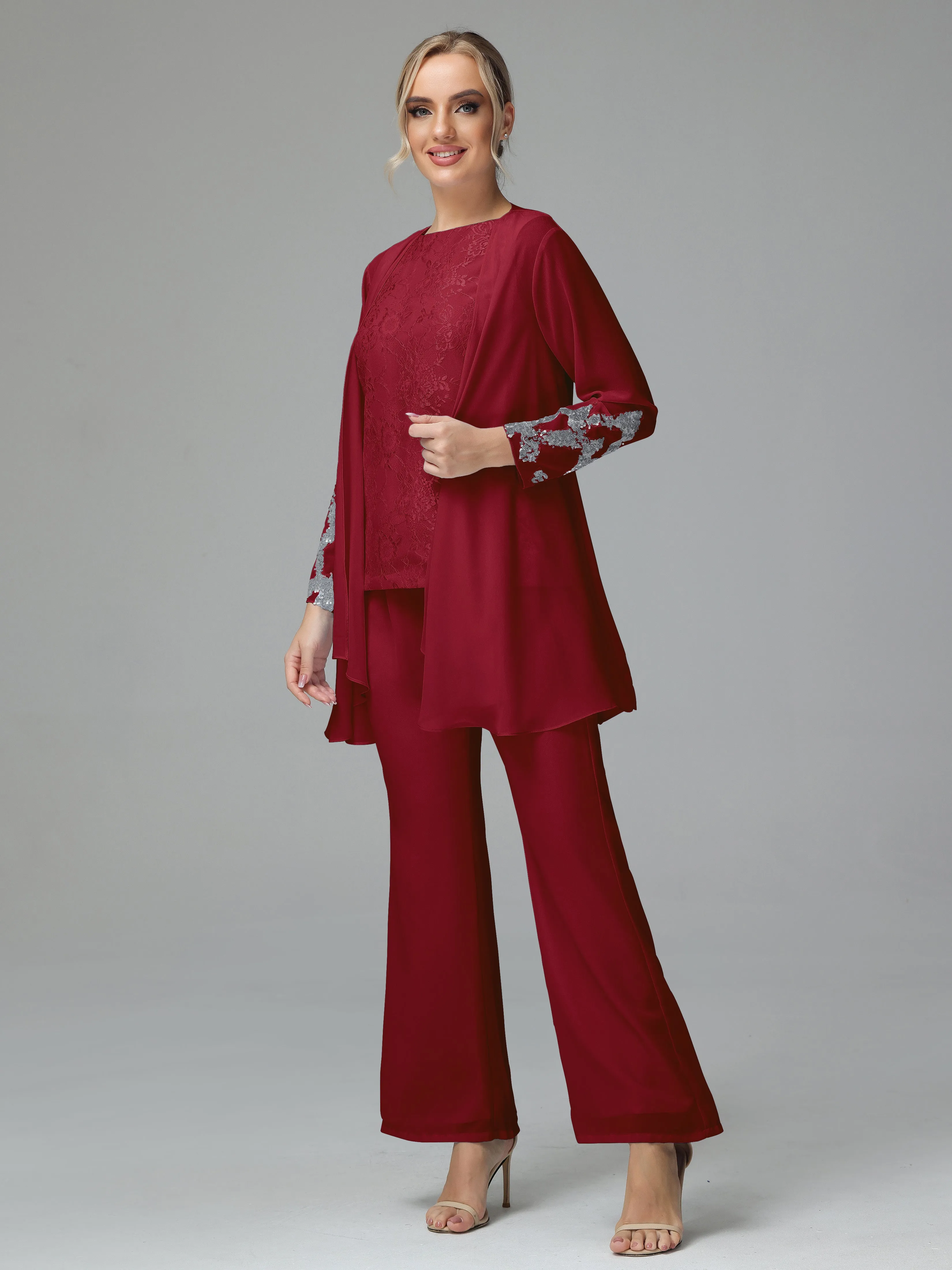 Chiffon 3 Pieces Mother of the Bride Dress Pant Suits With Appliques
