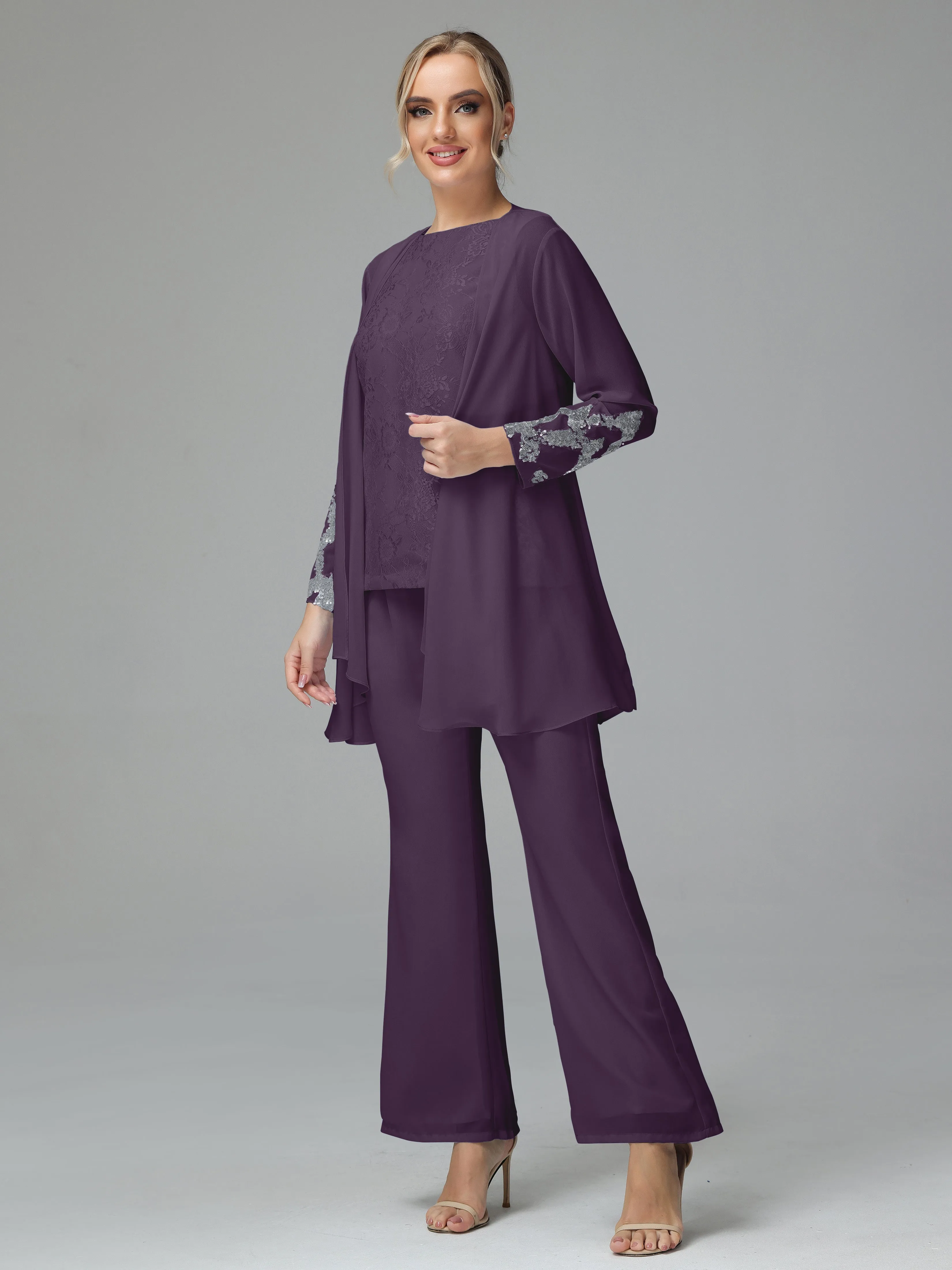 Chiffon 3 Pieces Mother of the Bride Dress Pant Suits With Appliques