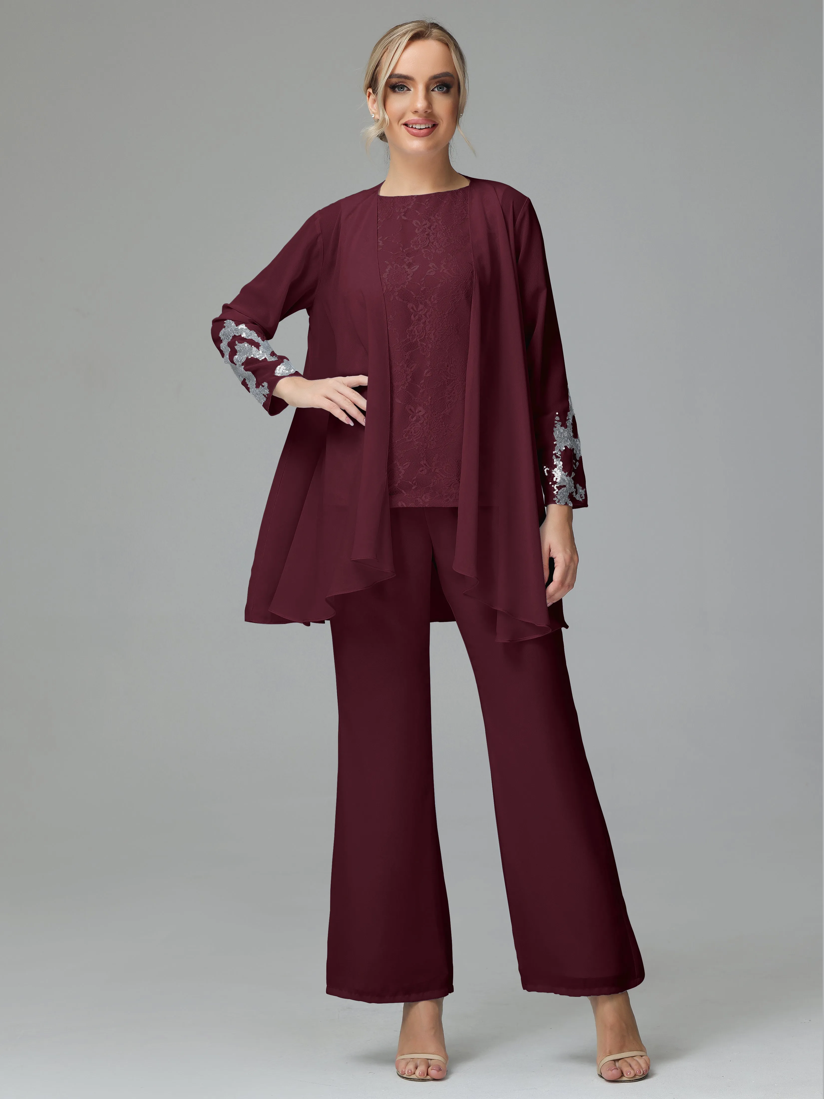 Chiffon 3 Pieces Mother of the Bride Dress Pant Suits With Appliques