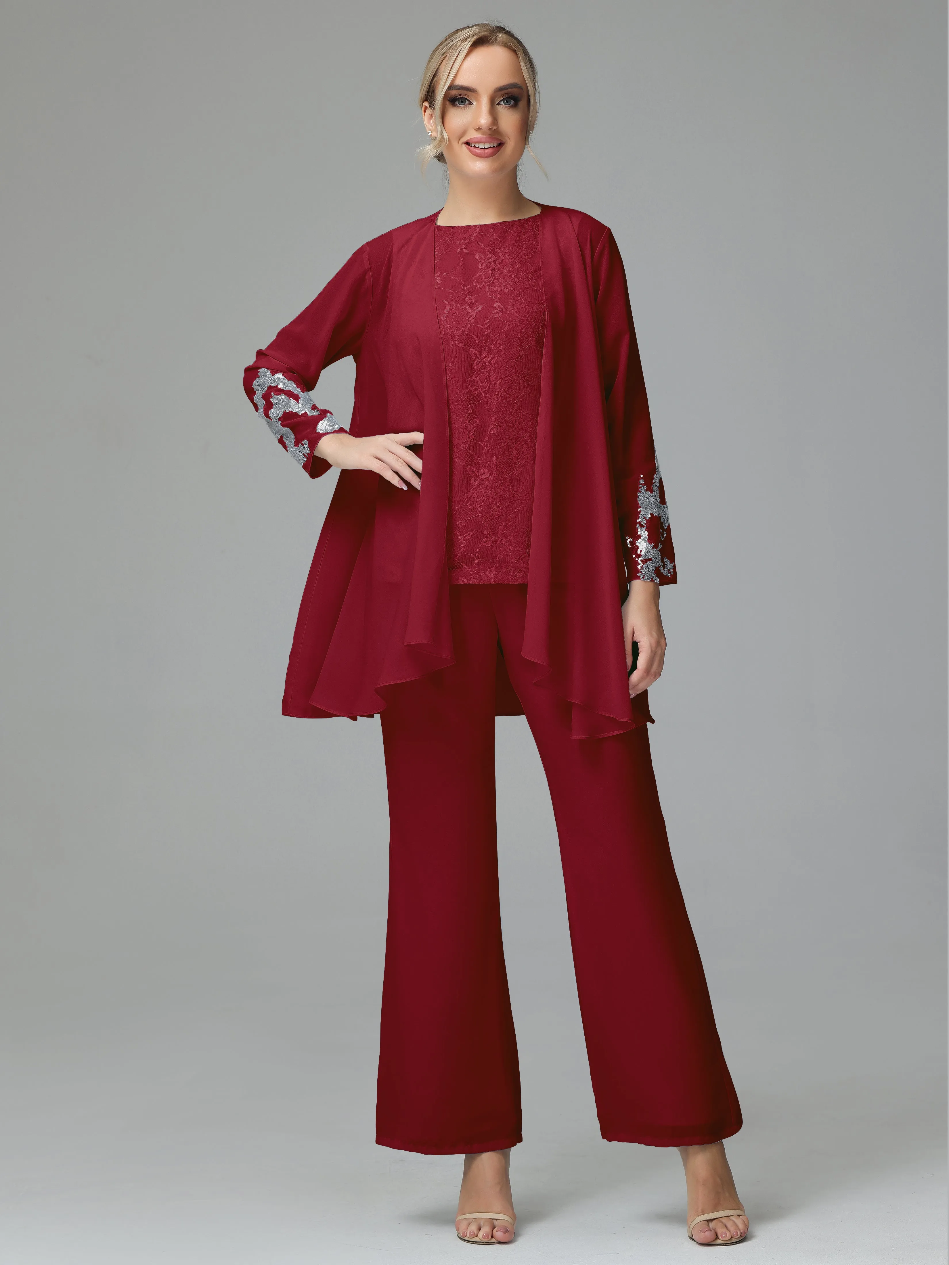 Chiffon 3 Pieces Mother of the Bride Dress Pant Suits With Appliques