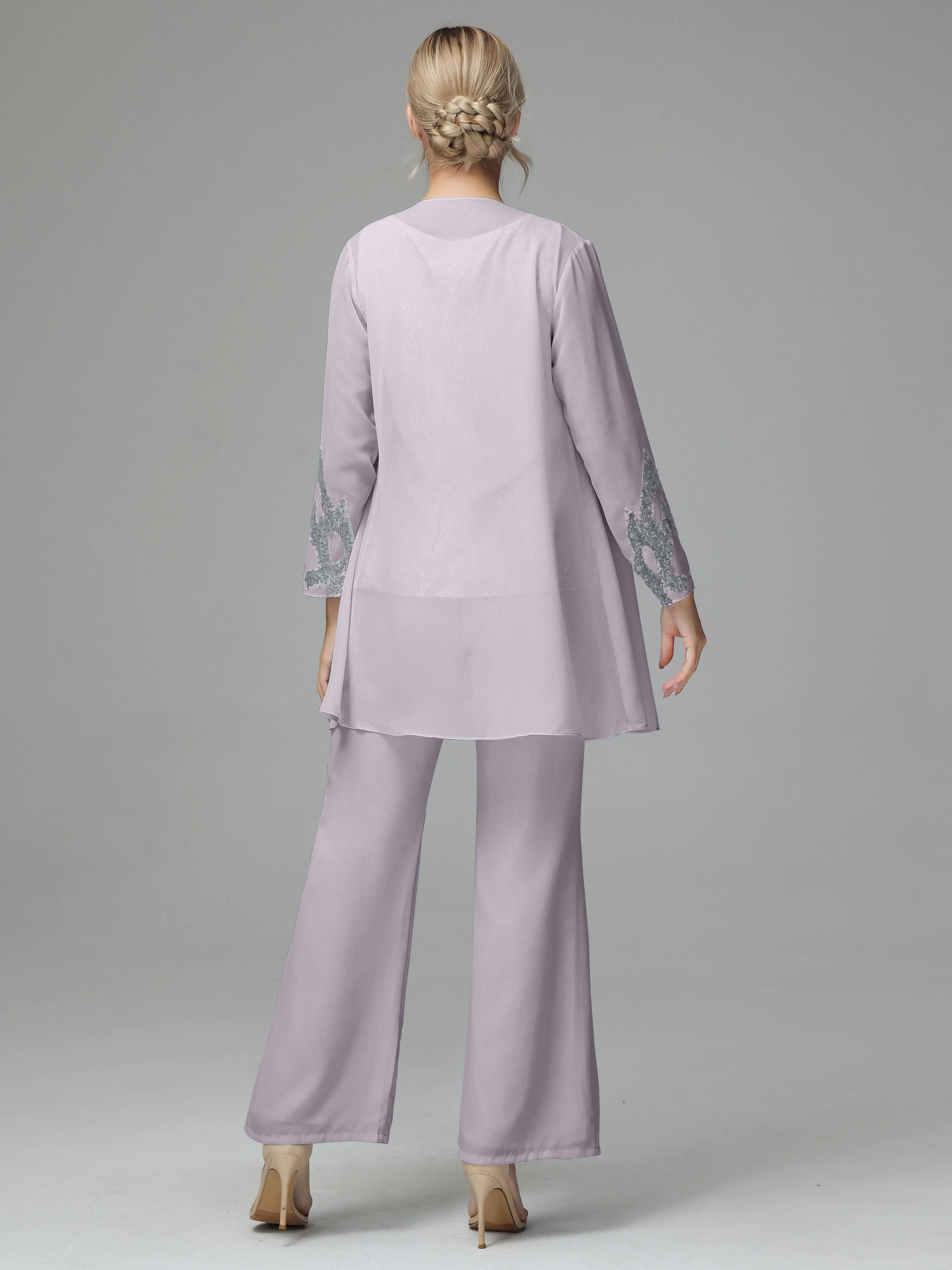 Chiffon 3 Pieces Mother of the Bride Dress Pant Suits With Appliques