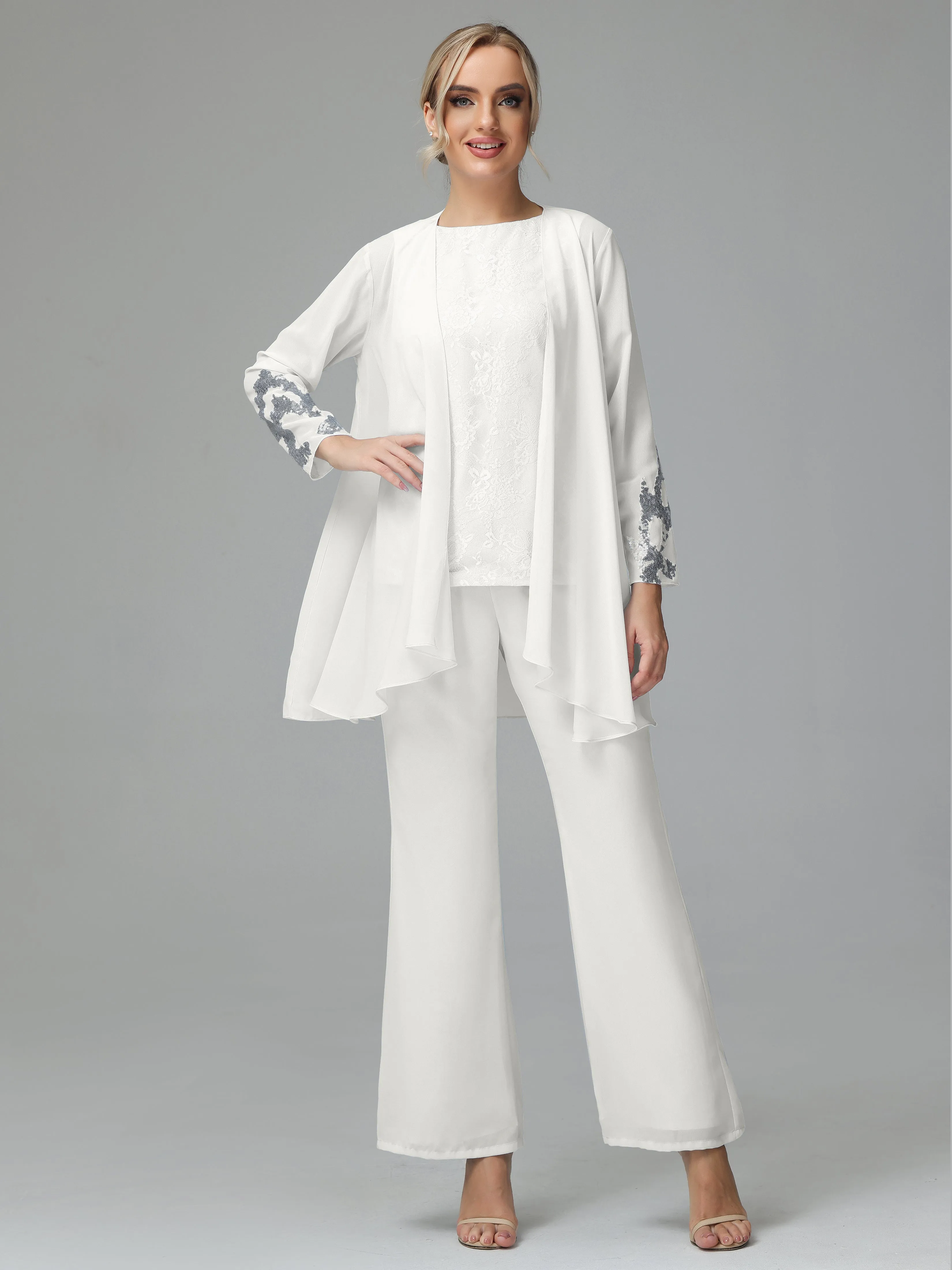 Chiffon 3 Pieces Mother of the Bride Dress Pant Suits With Appliques
