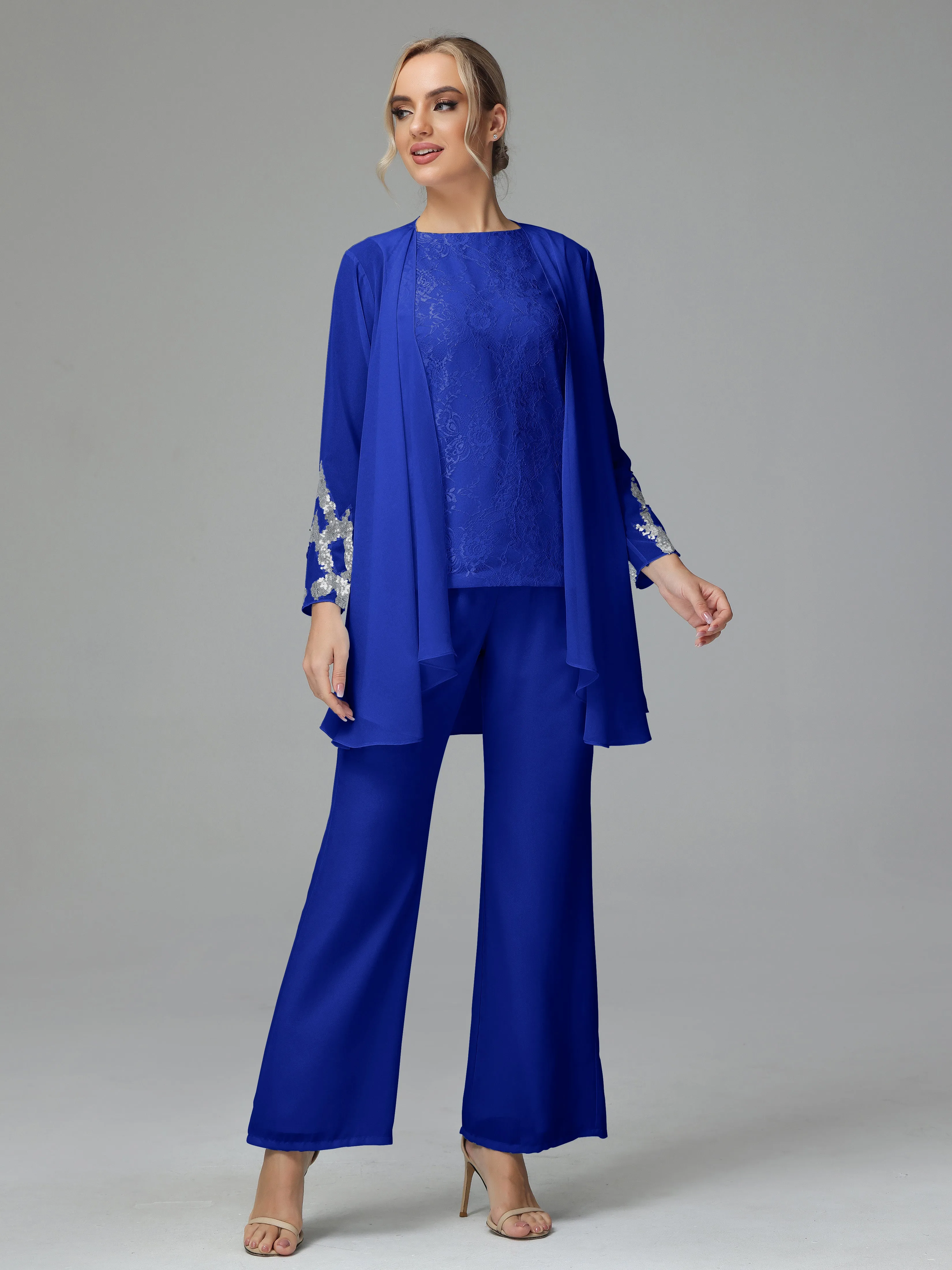Chiffon 3 Pieces Mother of the Bride Dress Pant Suits With Appliques