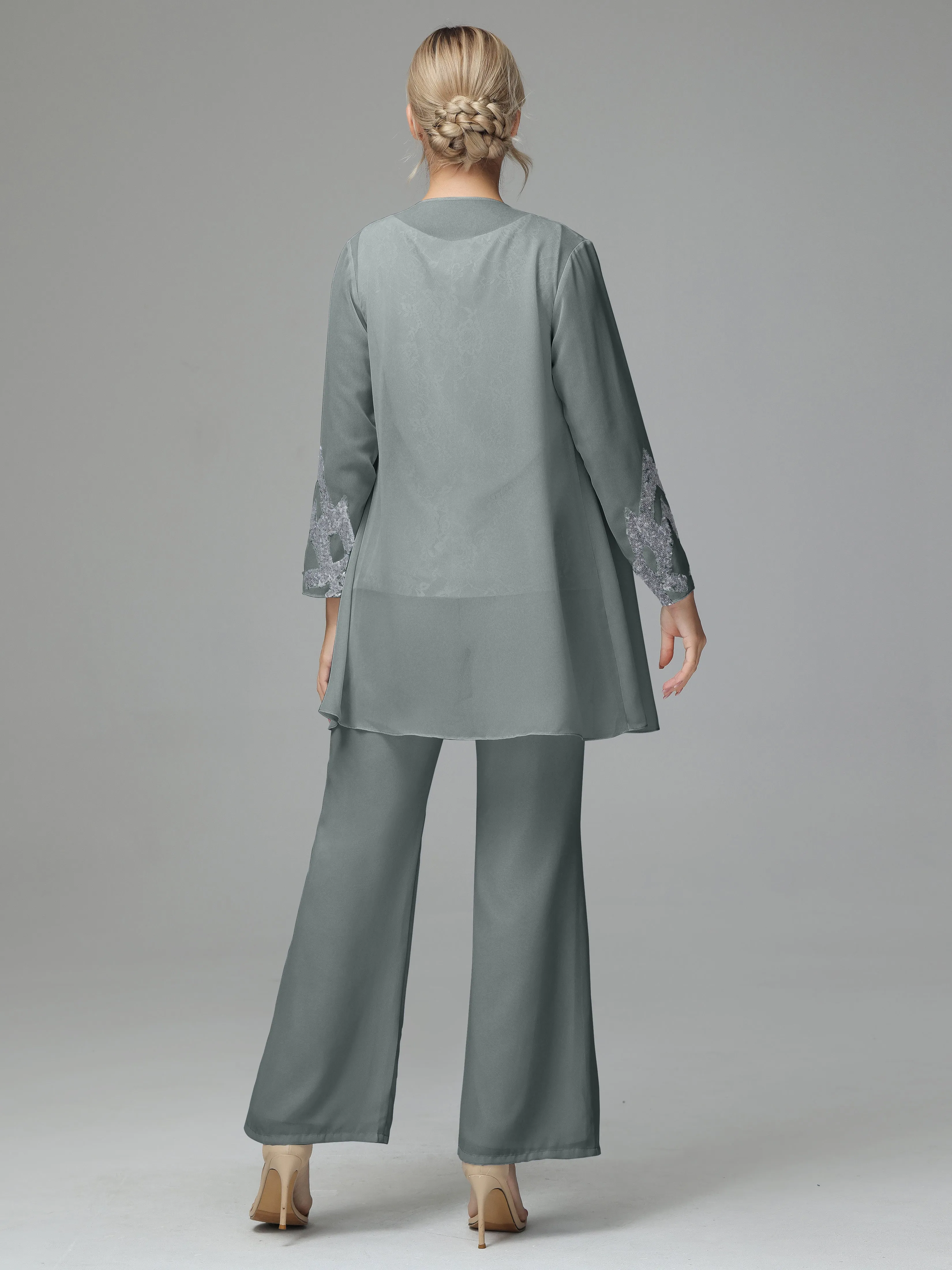 Chiffon 3 Pieces Mother of the Bride Dress Pant Suits With Appliques