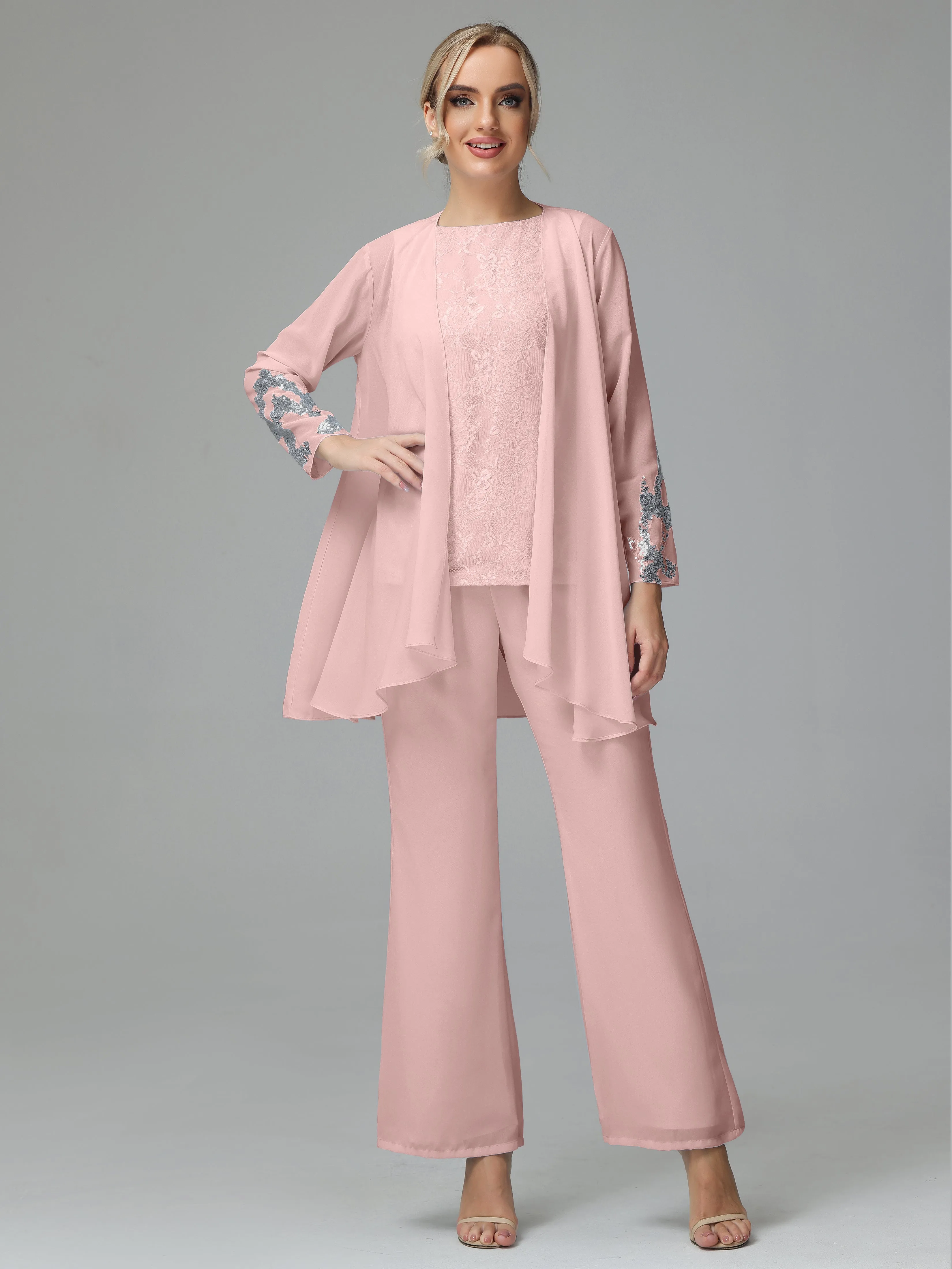 Chiffon 3 Pieces Mother of the Bride Dress Pant Suits With Appliques