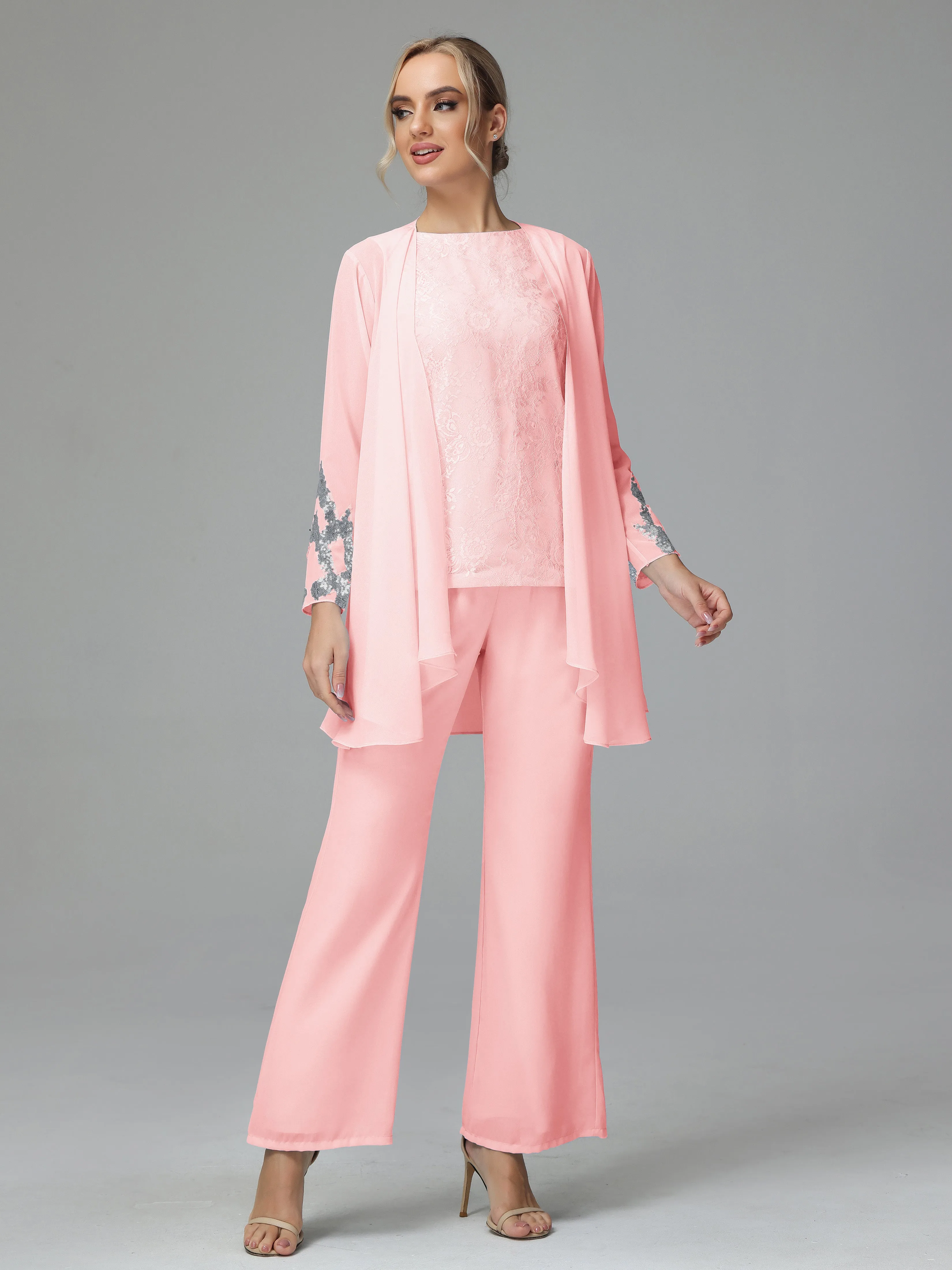 Chiffon 3 Pieces Mother of the Bride Dress Pant Suits With Appliques