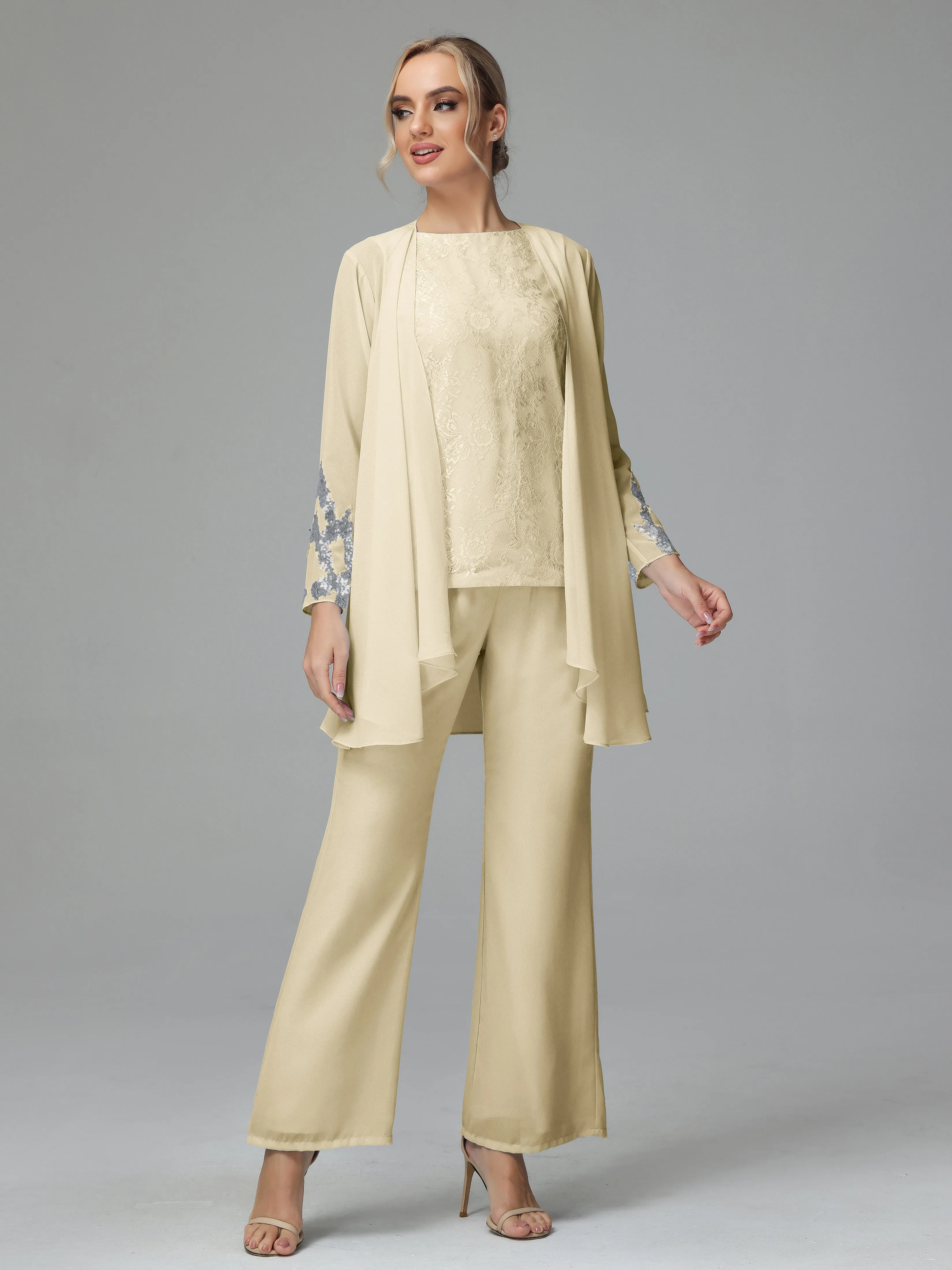 Chiffon 3 Pieces Mother of the Bride Dress Pant Suits With Appliques