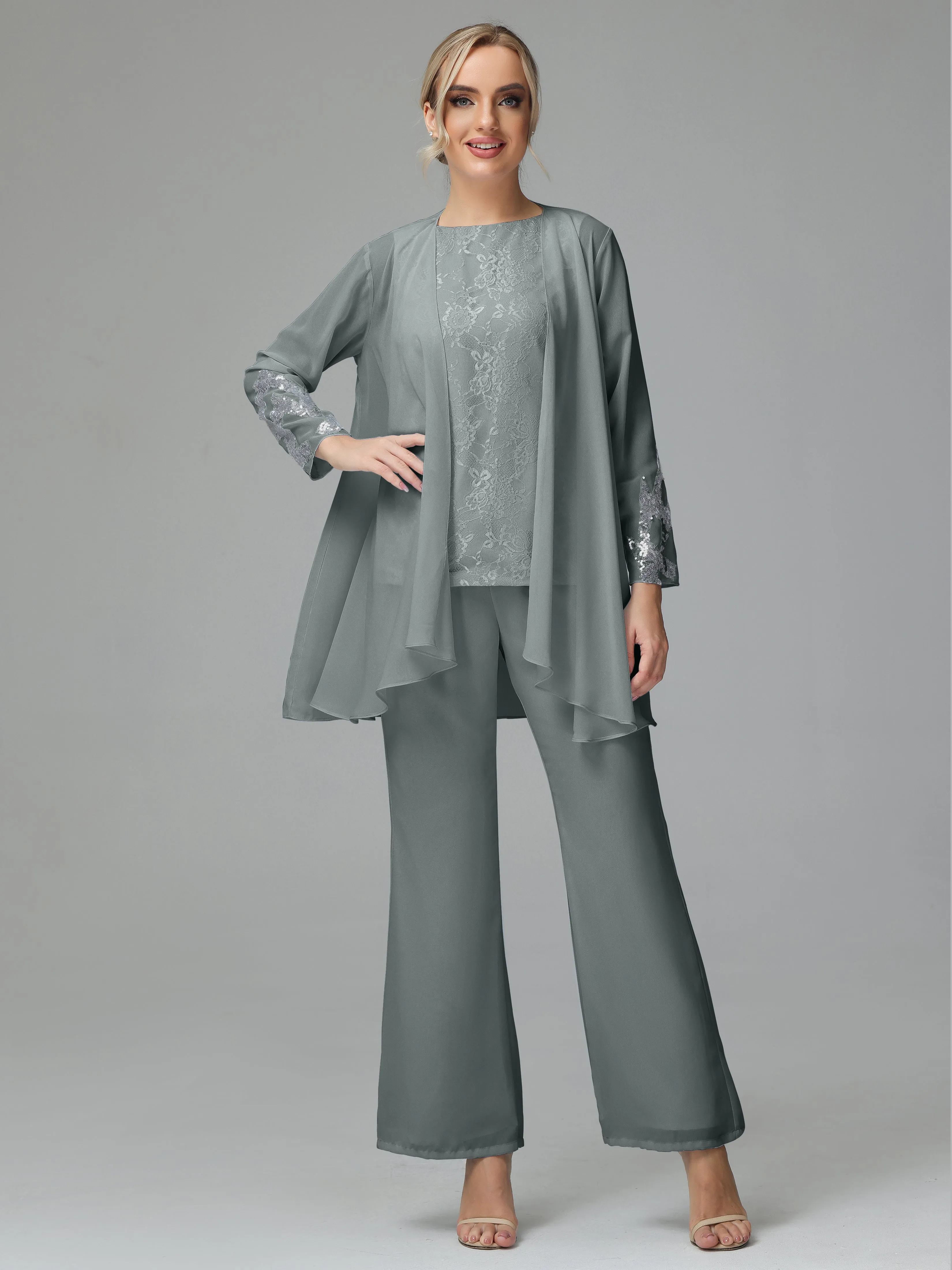Chiffon 3 Pieces Mother of the Bride Dress Pant Suits With Appliques