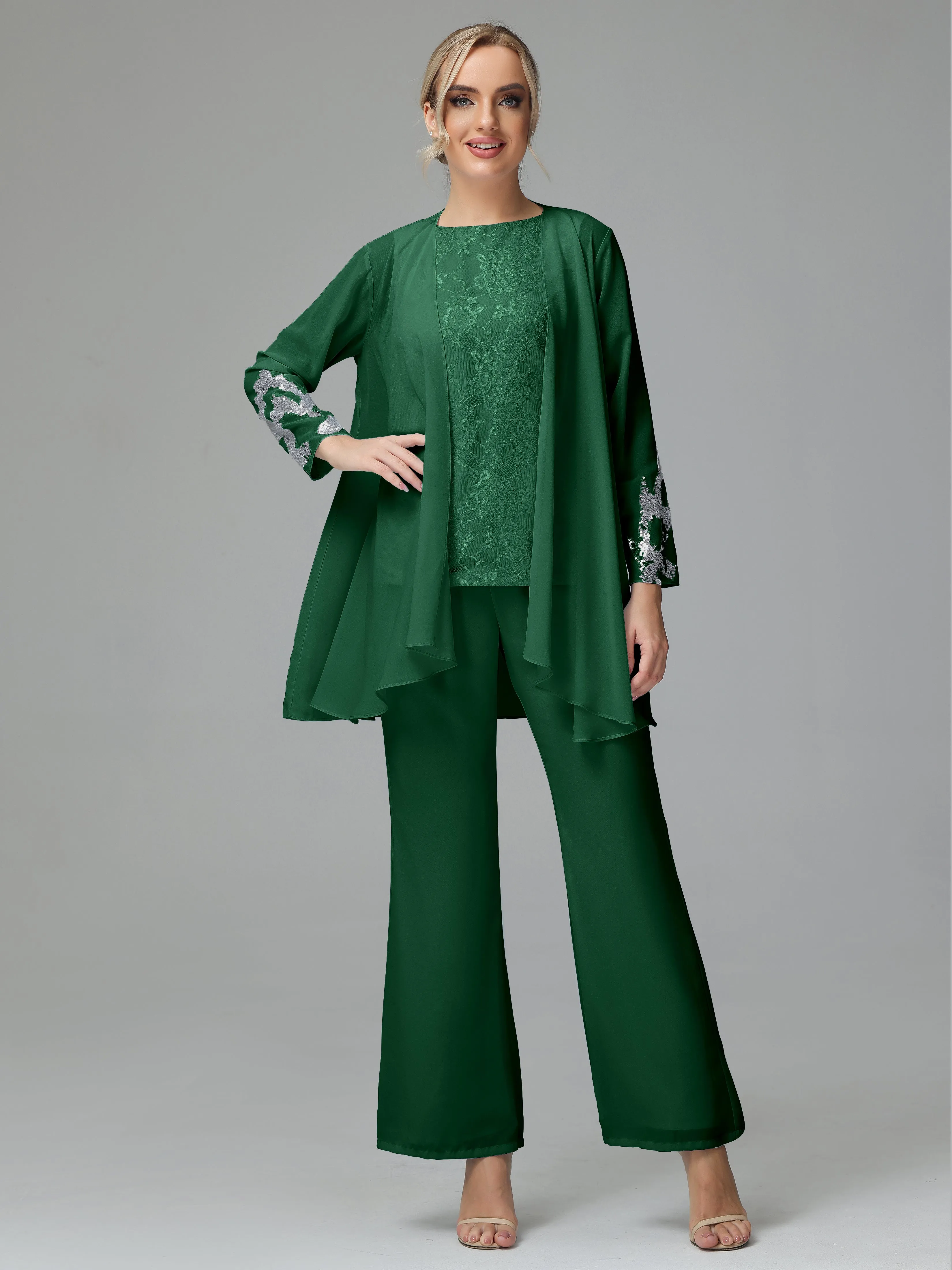 Chiffon 3 Pieces Mother of the Bride Dress Pant Suits With Appliques