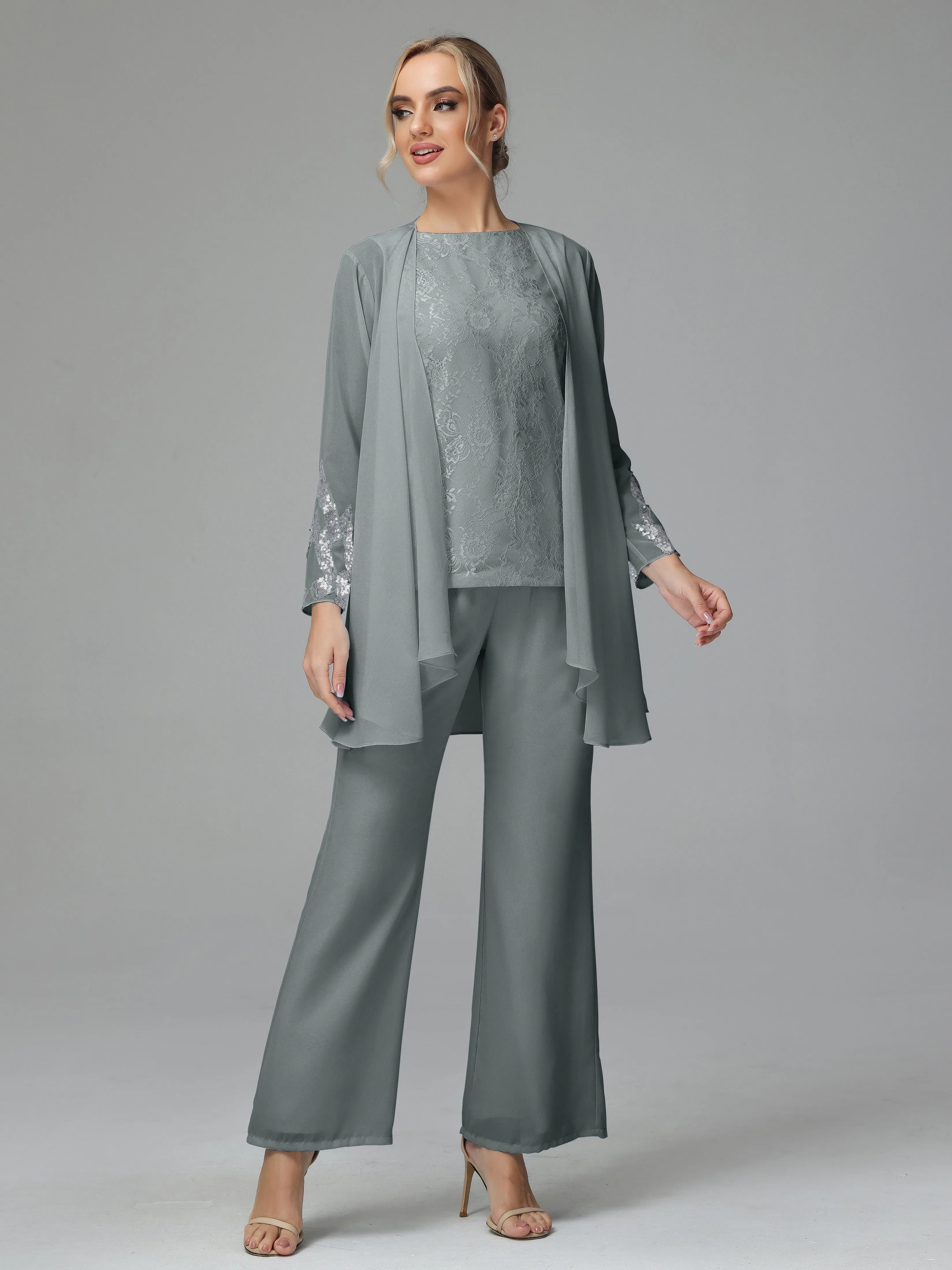 Chiffon 3 Pieces Mother of the Bride Dress Pant Suits With Appliques