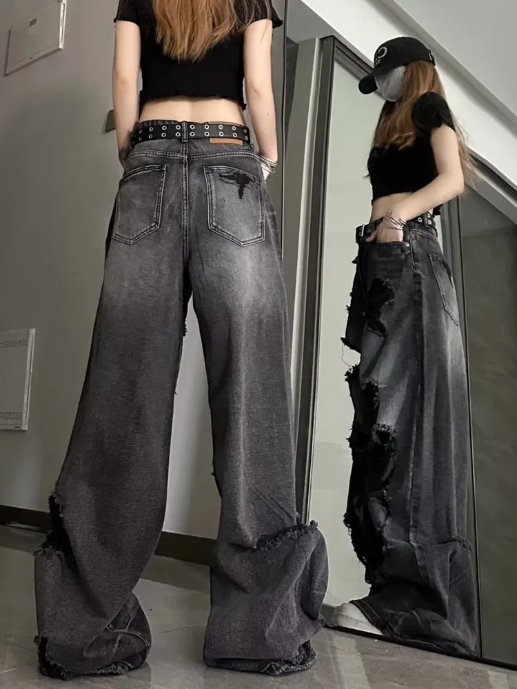 deanwangkt Niche Design Jeans, High Street Heavy Industry Wide Leg Pants, High-end Floor Length Pants, Trendy Brand Women's Jeans