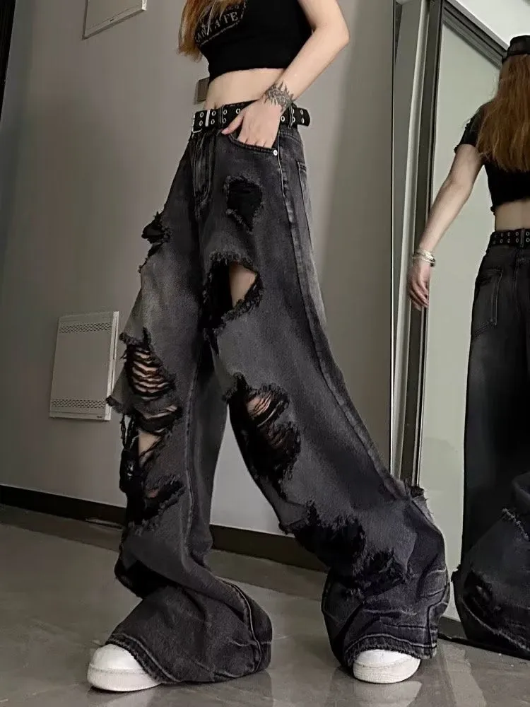 deanwangkt Niche Design Jeans, High Street Heavy Industry Wide Leg Pants, High-end Floor Length Pants, Trendy Brand Women's Jeans