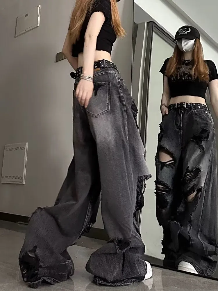 deanwangkt Niche Design Jeans, High Street Heavy Industry Wide Leg Pants, High-end Floor Length Pants, Trendy Brand Women's Jeans