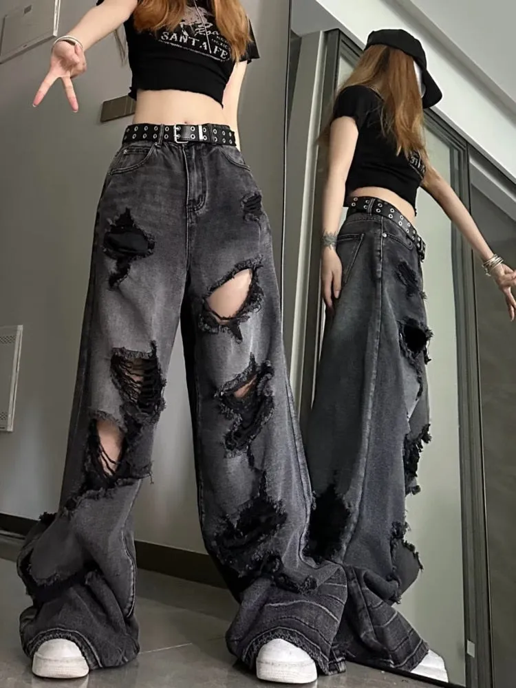 deanwangkt Niche Design Jeans, High Street Heavy Industry Wide Leg Pants, High-end Floor Length Pants, Trendy Brand Women's Jeans