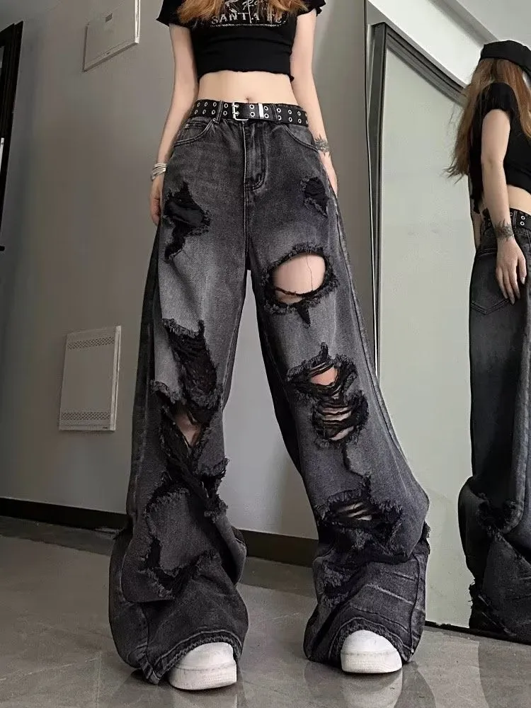 deanwangkt Niche Design Jeans, High Street Heavy Industry Wide Leg Pants, High-end Floor Length Pants, Trendy Brand Women's Jeans
