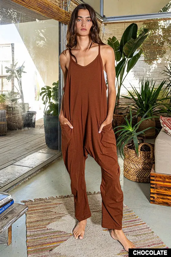 Drop Crotch V-Neck Solid Jersey Jumpsuit