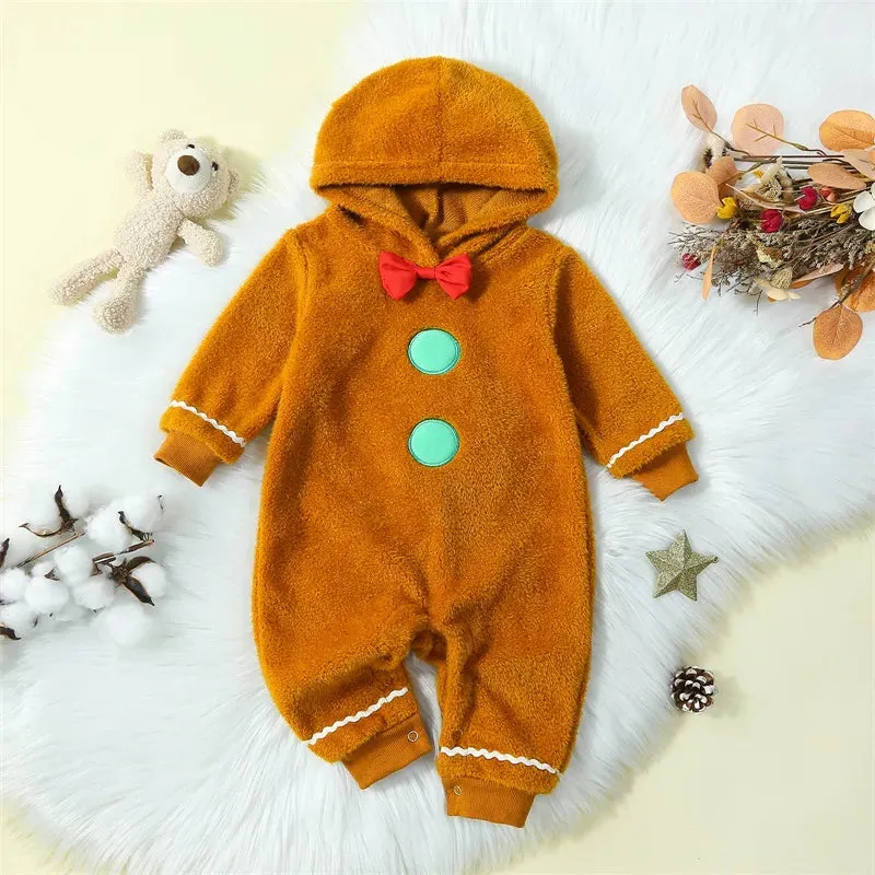 Gingerbread Man Baby Christmas Fuzzy Jumpsuit Hooded Romper
