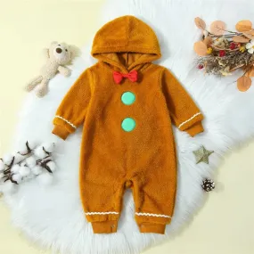Gingerbread Man Baby Christmas Fuzzy Jumpsuit Hooded Romper