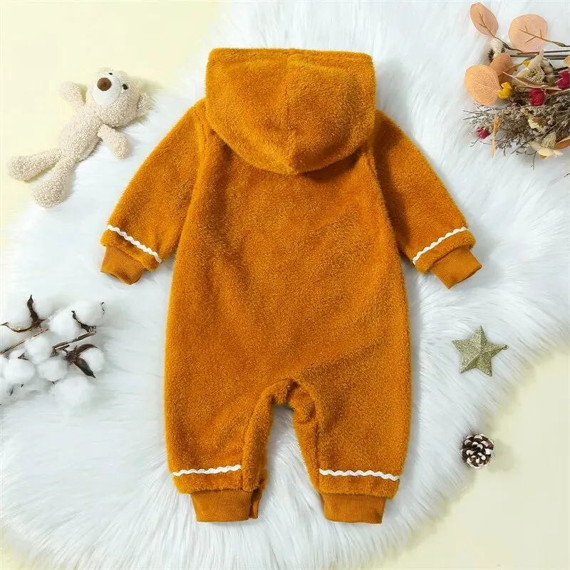 Gingerbread Man Baby Christmas Fuzzy Jumpsuit Hooded Romper