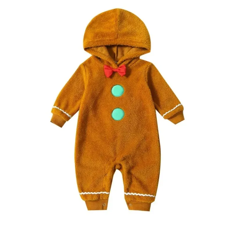 Gingerbread Man Baby Christmas Fuzzy Jumpsuit Hooded Romper