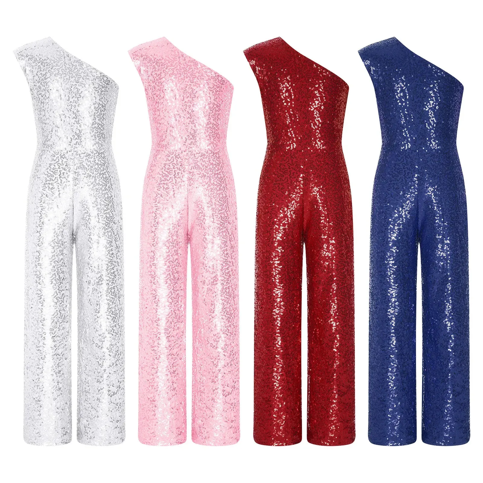 Girls Sequinned Jumpsuit One Shoulder Romper Performance Dancewear