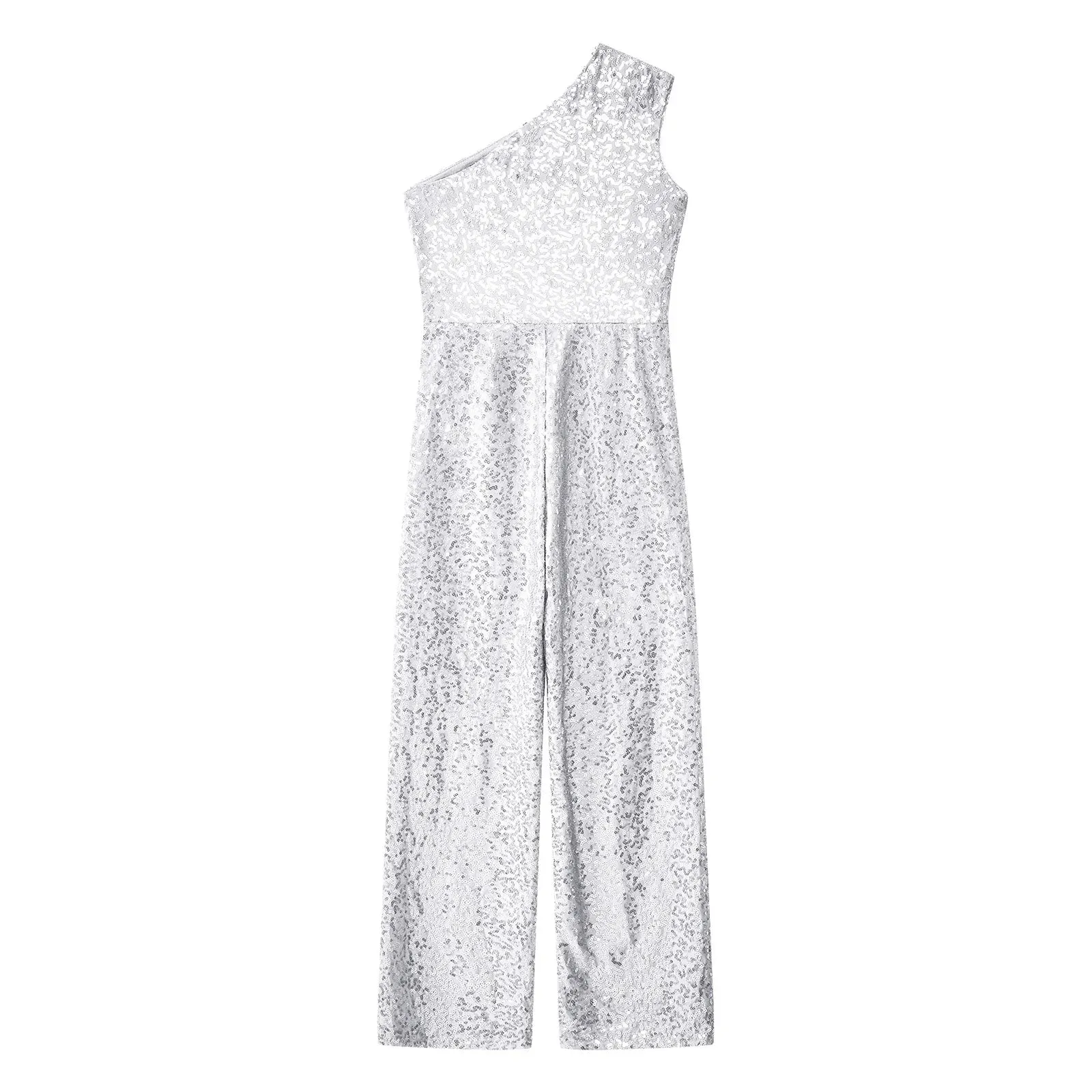 Girls Sequinned Jumpsuit One Shoulder Romper Performance Dancewear