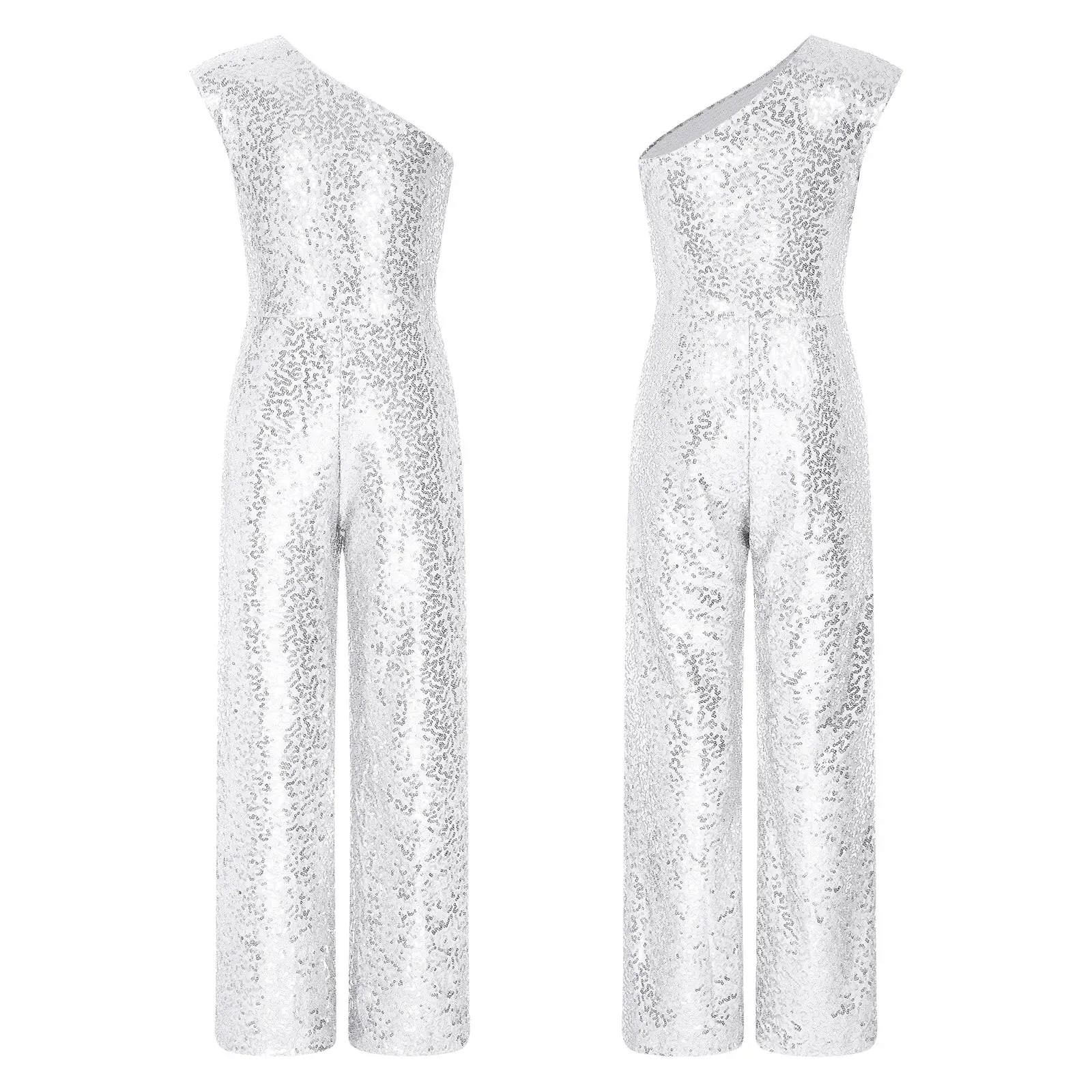 Girls Sequinned Jumpsuit One Shoulder Romper Performance Dancewear