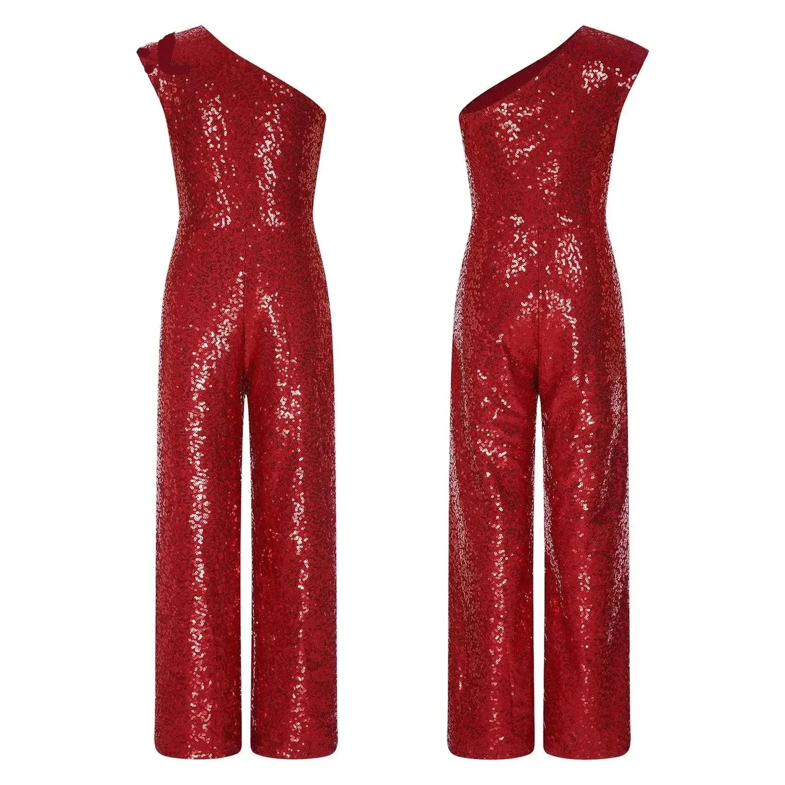 Girls Sequinned Jumpsuit One Shoulder Romper Performance Dancewear