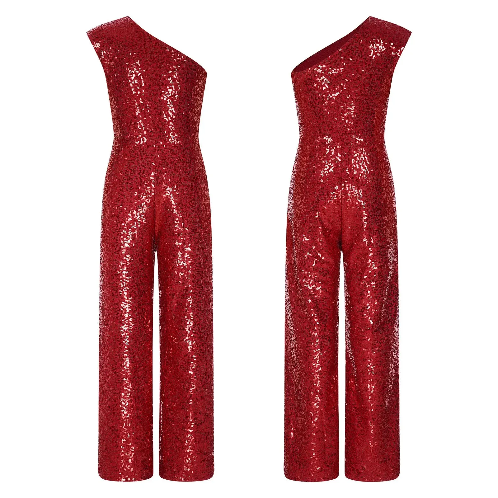 Girls Sequinned Jumpsuit One Shoulder Romper Performance Dancewear