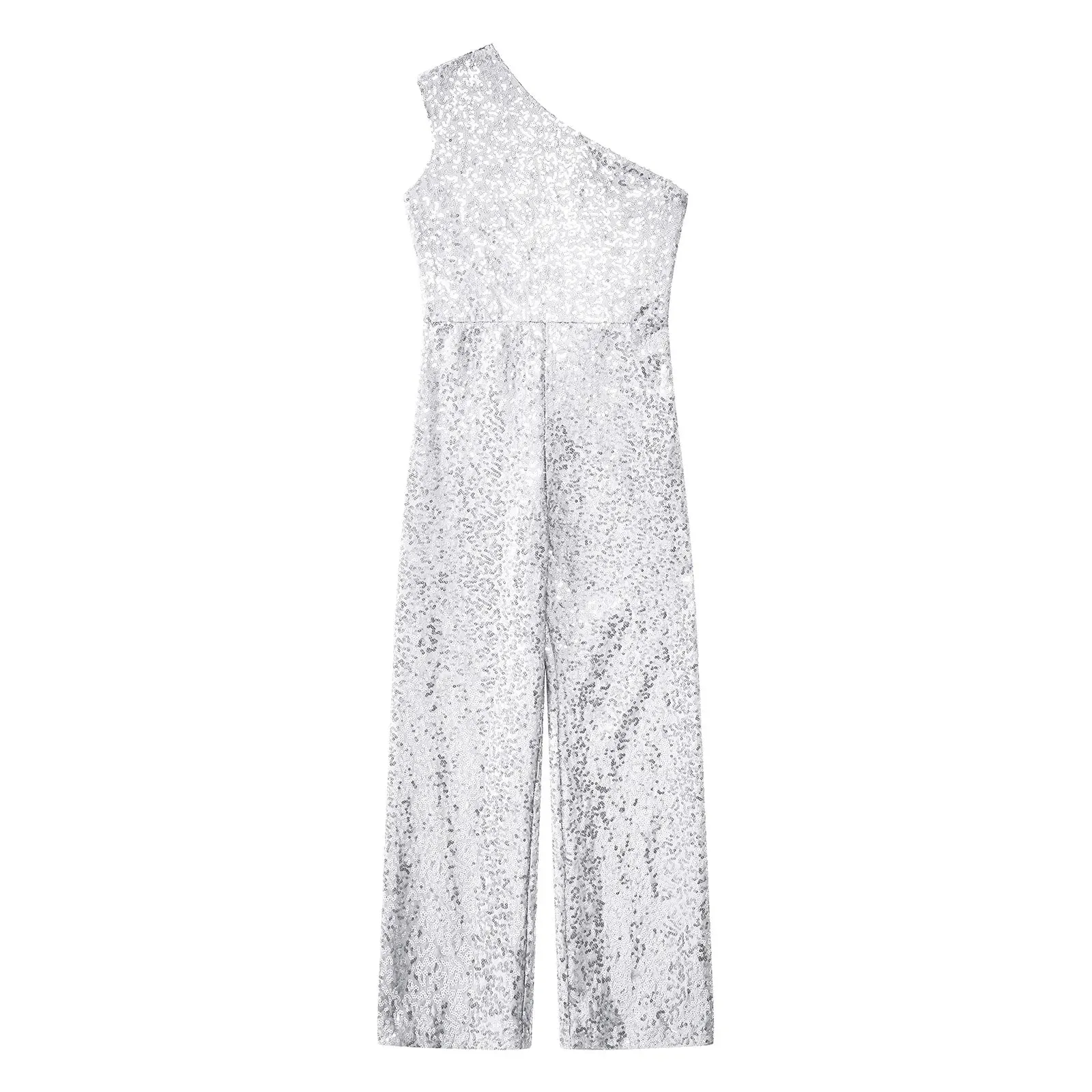 Girls Sequinned Jumpsuit One Shoulder Romper Performance Dancewear