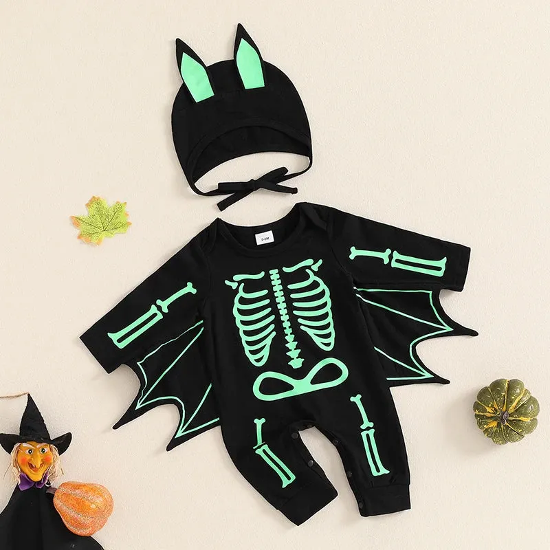 Glow In The Dark Baby Halloween Bat Costumes Long Sleeve Jumpsuit with Hat 0-24M