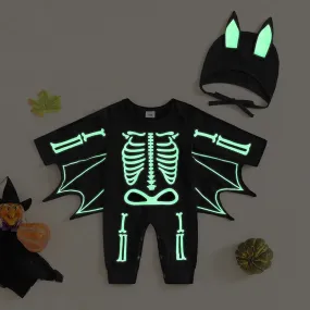 Glow In The Dark Baby Halloween Bat Costumes Long Sleeve Jumpsuit with Hat 0-24M