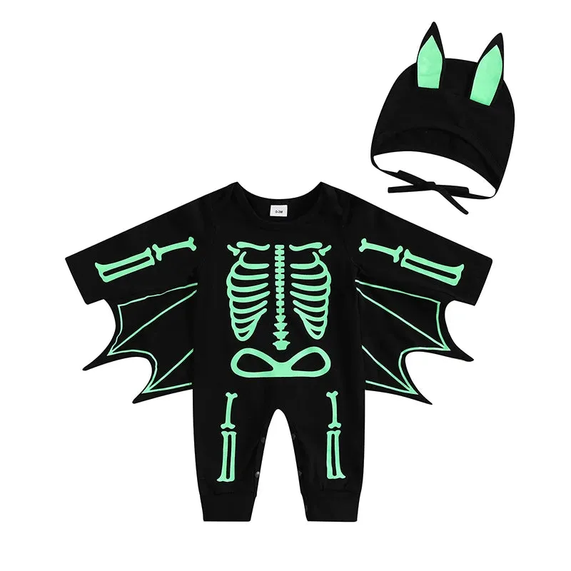 Glow In The Dark Baby Halloween Bat Costumes Long Sleeve Jumpsuit with Hat 0-24M