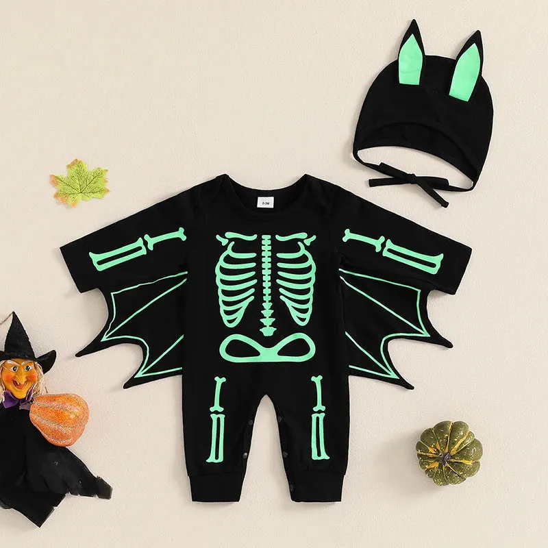 Glow In The Dark Baby Halloween Bat Costumes Long Sleeve Jumpsuit with Hat 0-24M