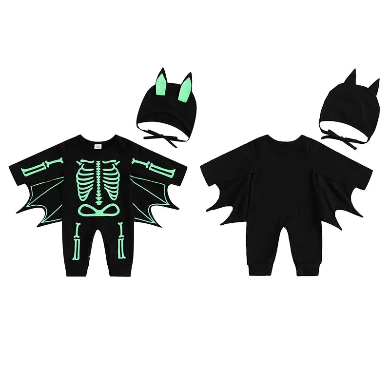 Glow In The Dark Baby Halloween Bat Costumes Long Sleeve Jumpsuit with Hat 0-24M