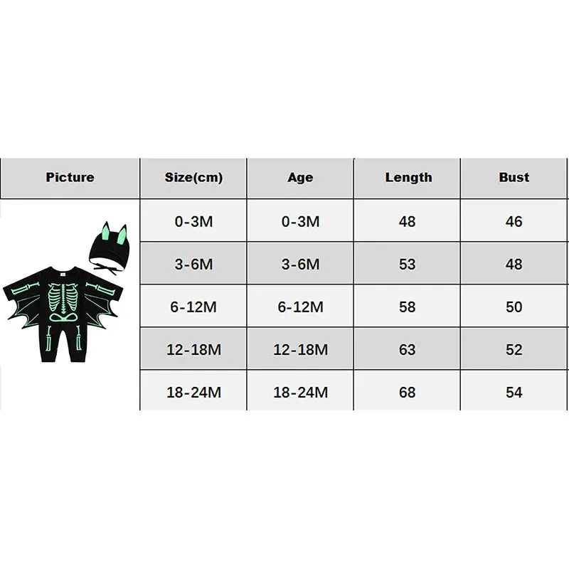 Glow In The Dark Baby Halloween Bat Costumes Long Sleeve Jumpsuit with Hat 0-24M