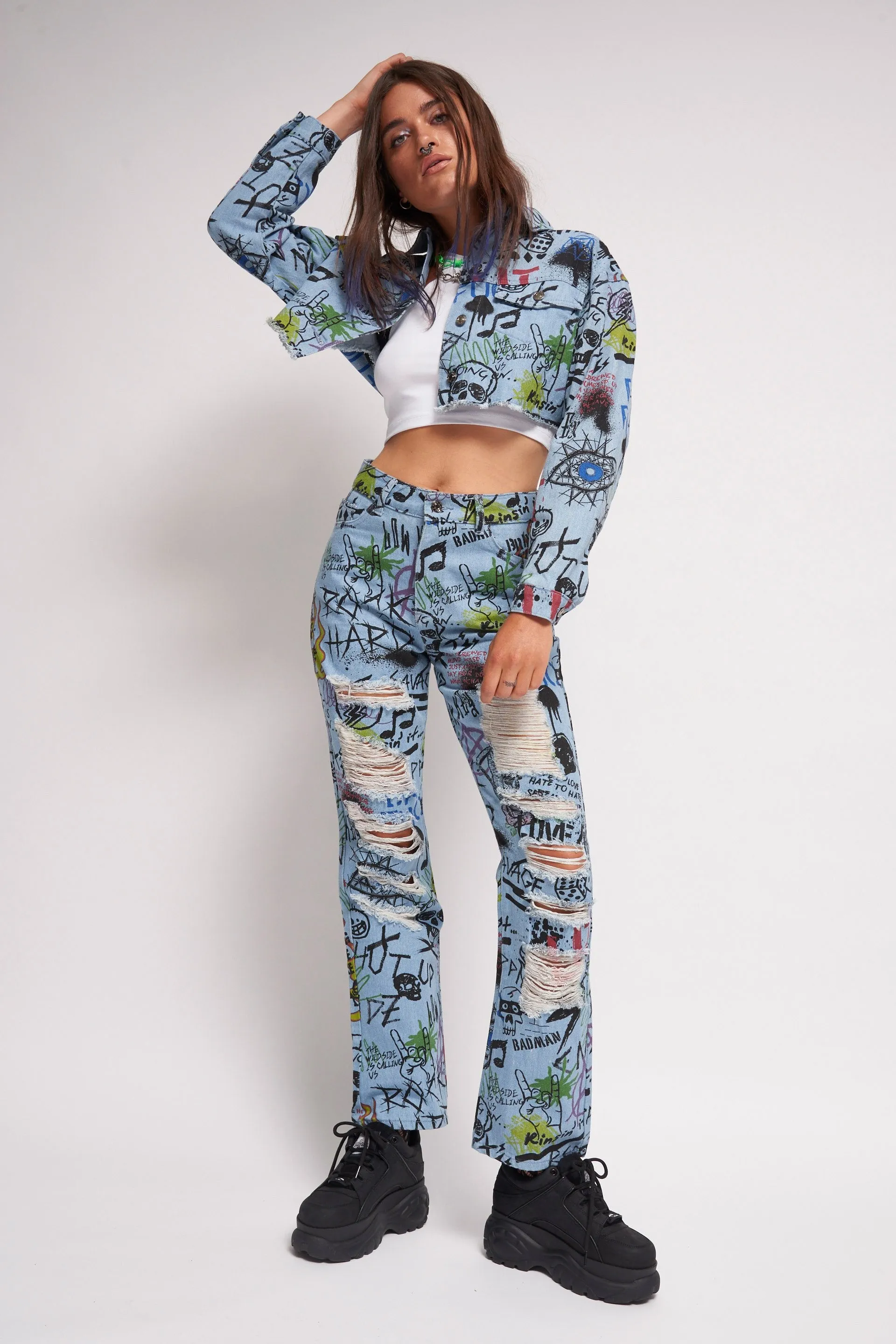 Graffiti Print Extreme Rip Jeans