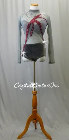 Gray Sheer Mesh and Velour Leotard with Burgundy Accents - Swarovski Rhinestones