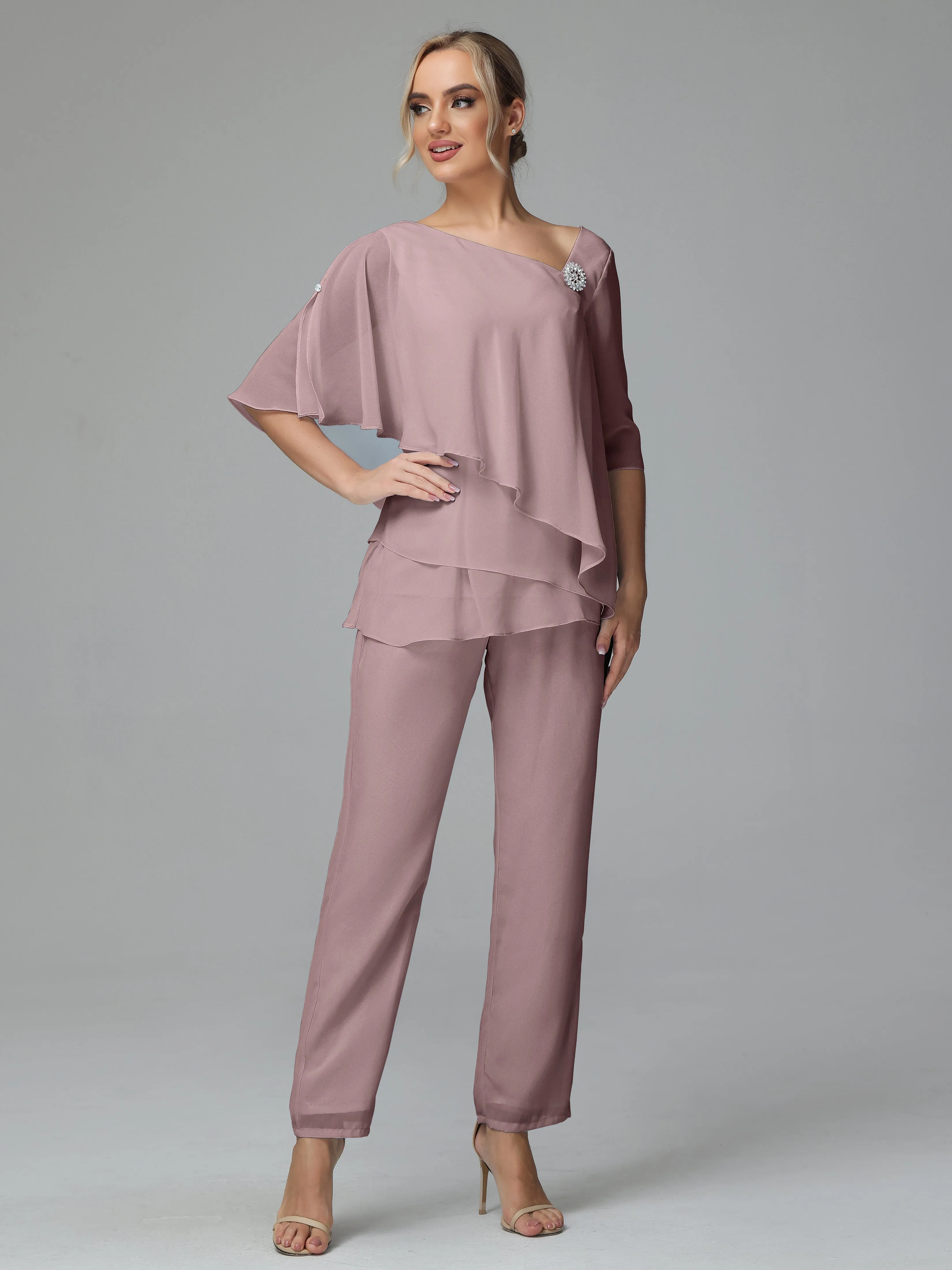 Half Sleeves Chiffon Mother of the Bride Dress Pant Suits With Beading