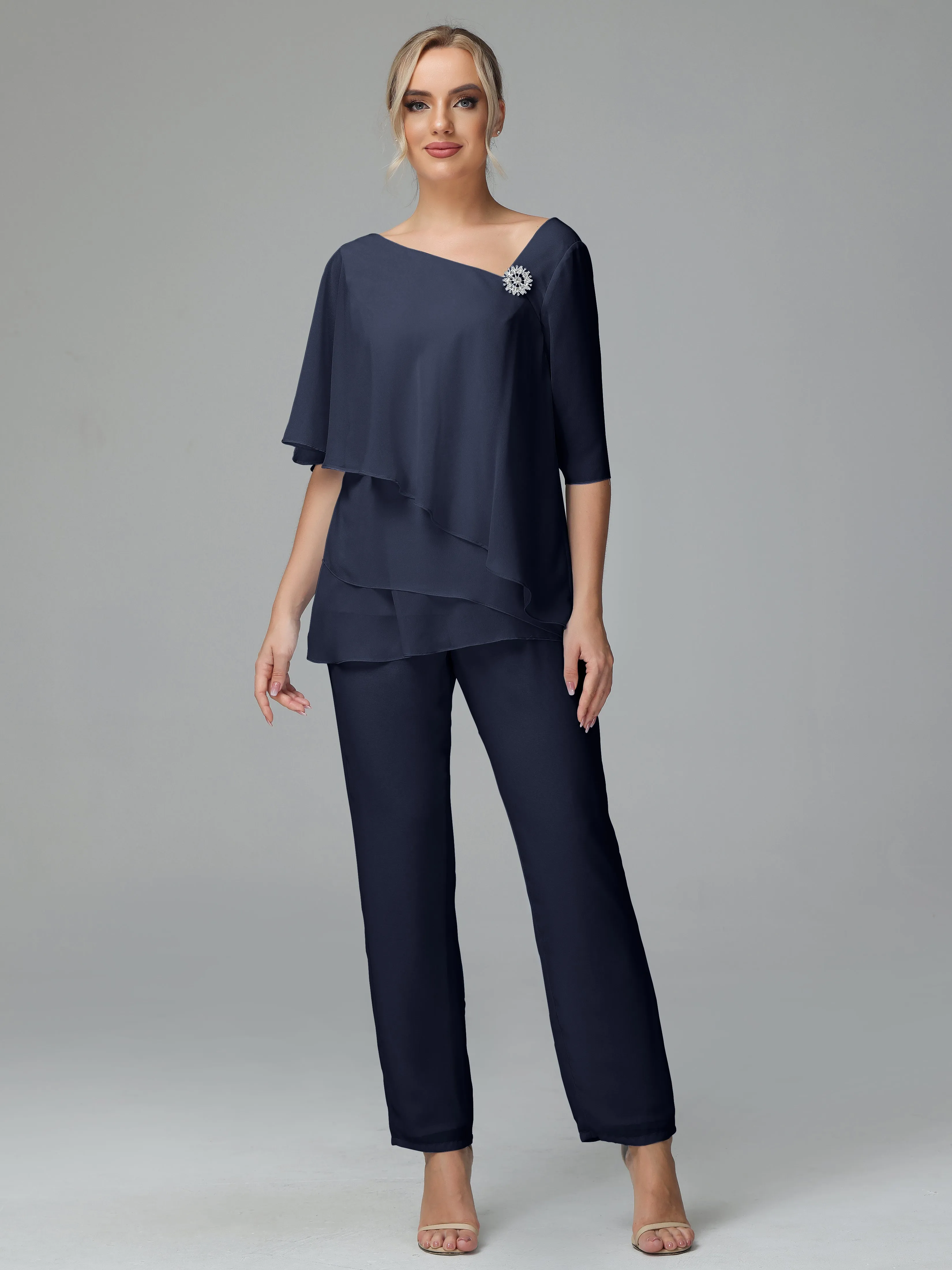 Half Sleeves Chiffon Mother of the Bride Dress Pant Suits With Beading