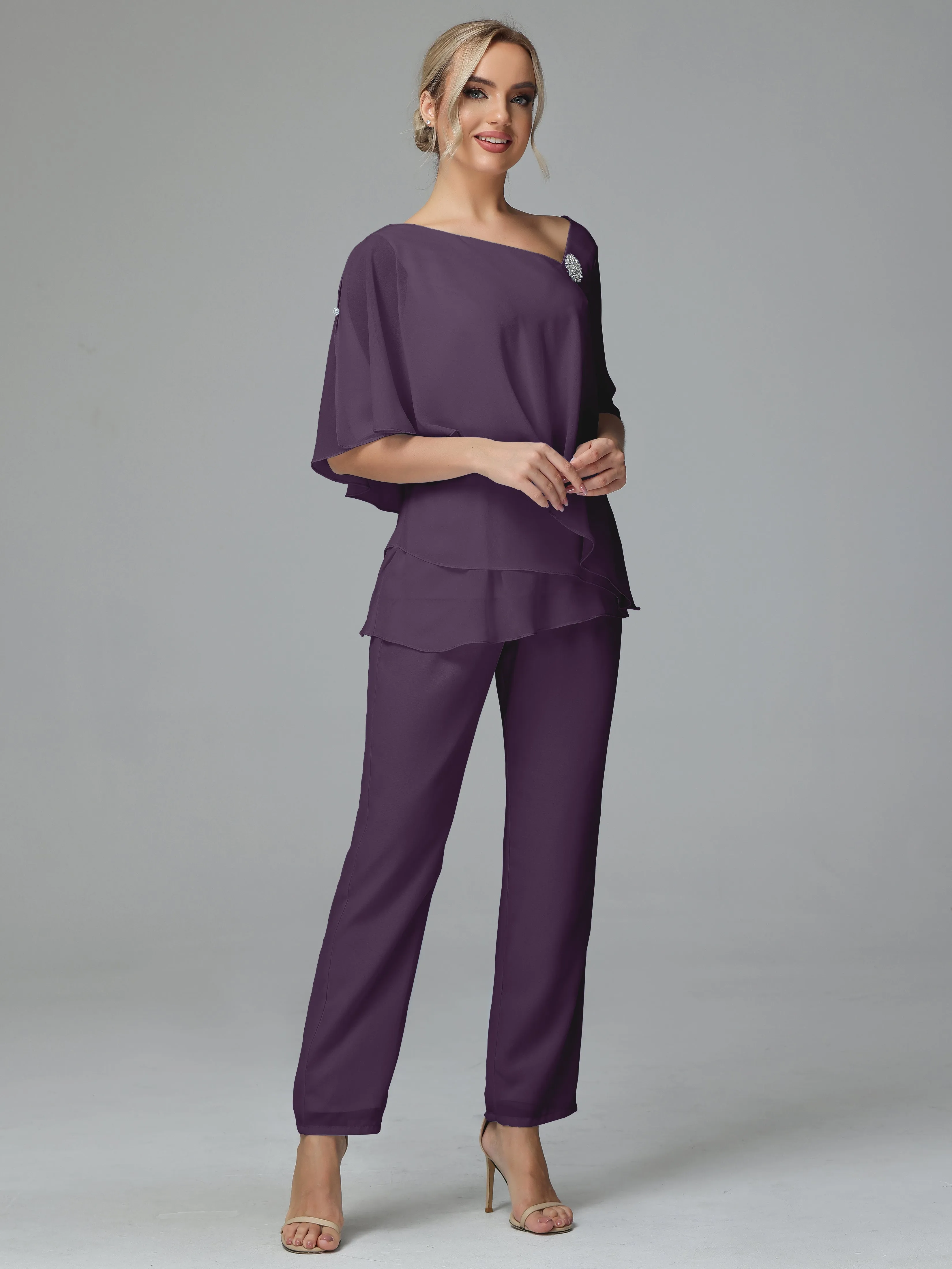Half Sleeves Chiffon Mother of the Bride Dress Pant Suits With Beading