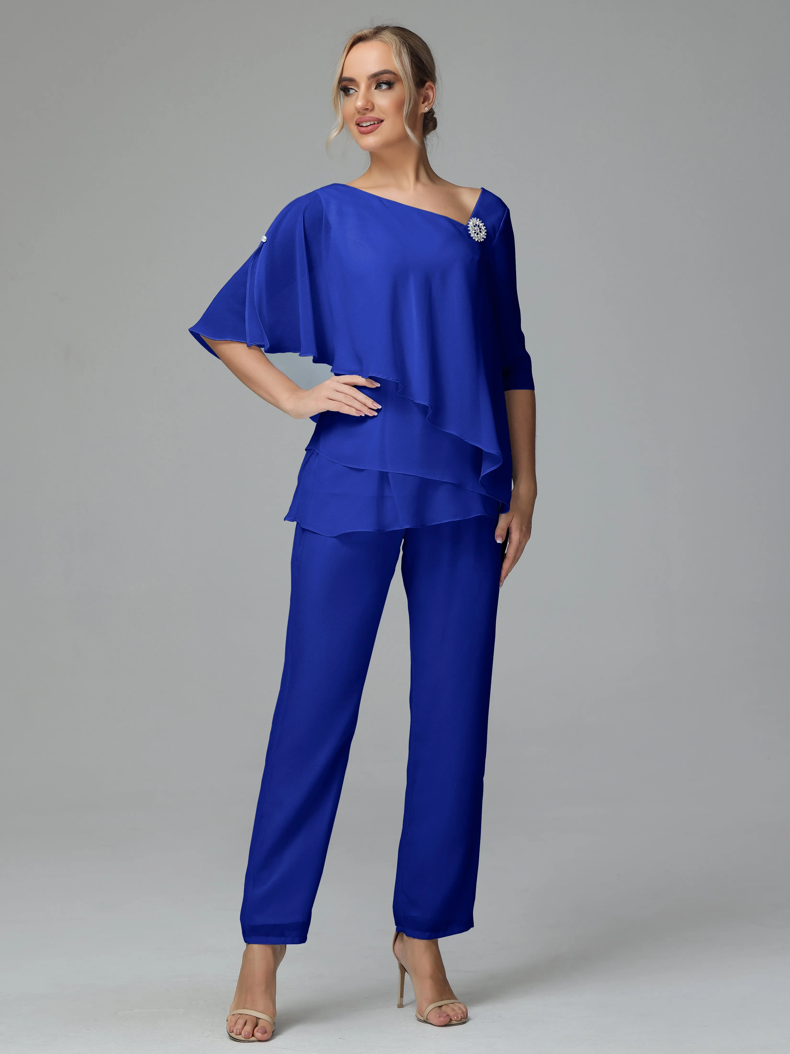 Half Sleeves Chiffon Mother of the Bride Dress Pant Suits With Beading