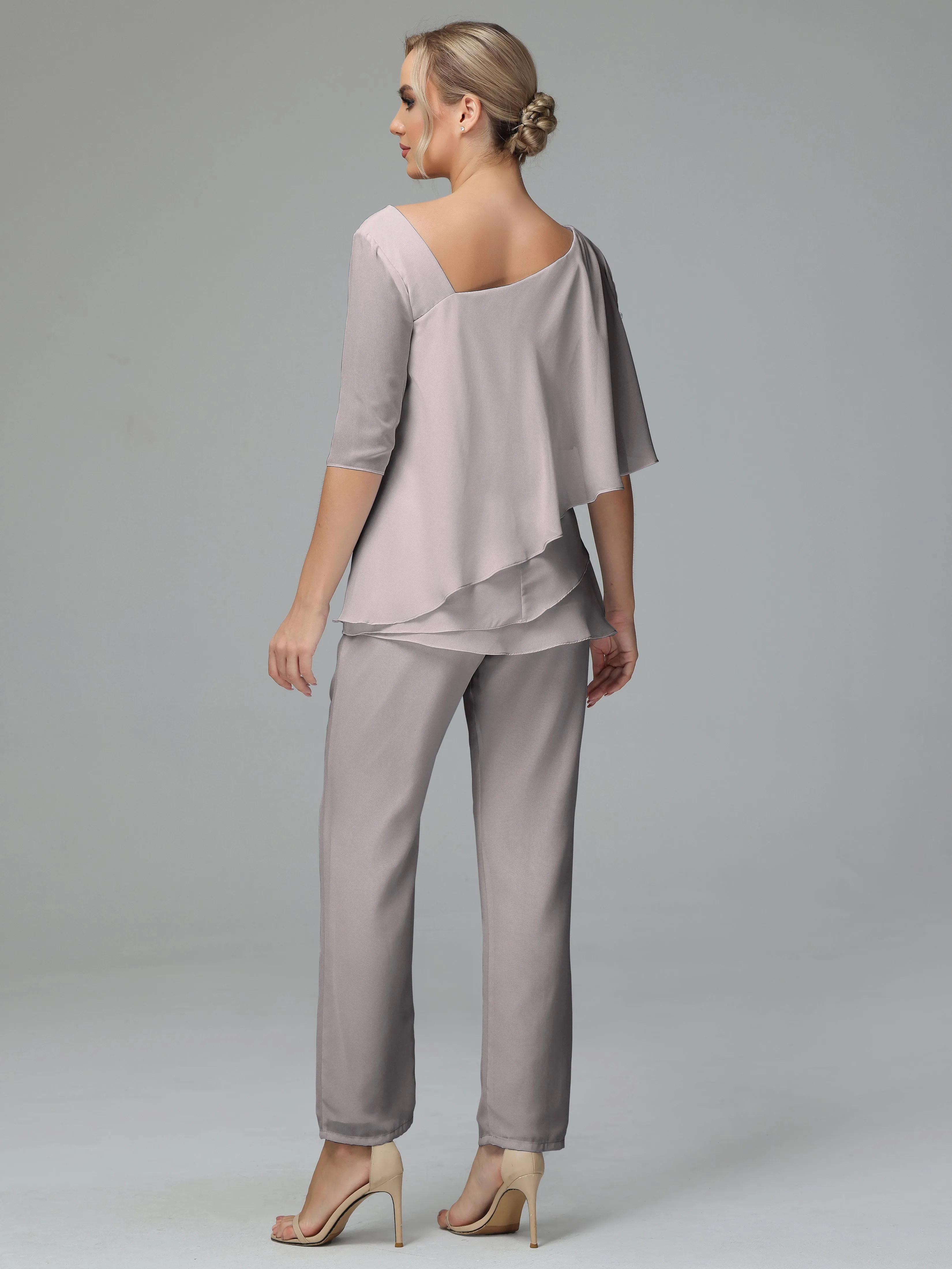 Half Sleeves Chiffon Mother of the Bride Dress Pant Suits With Beading