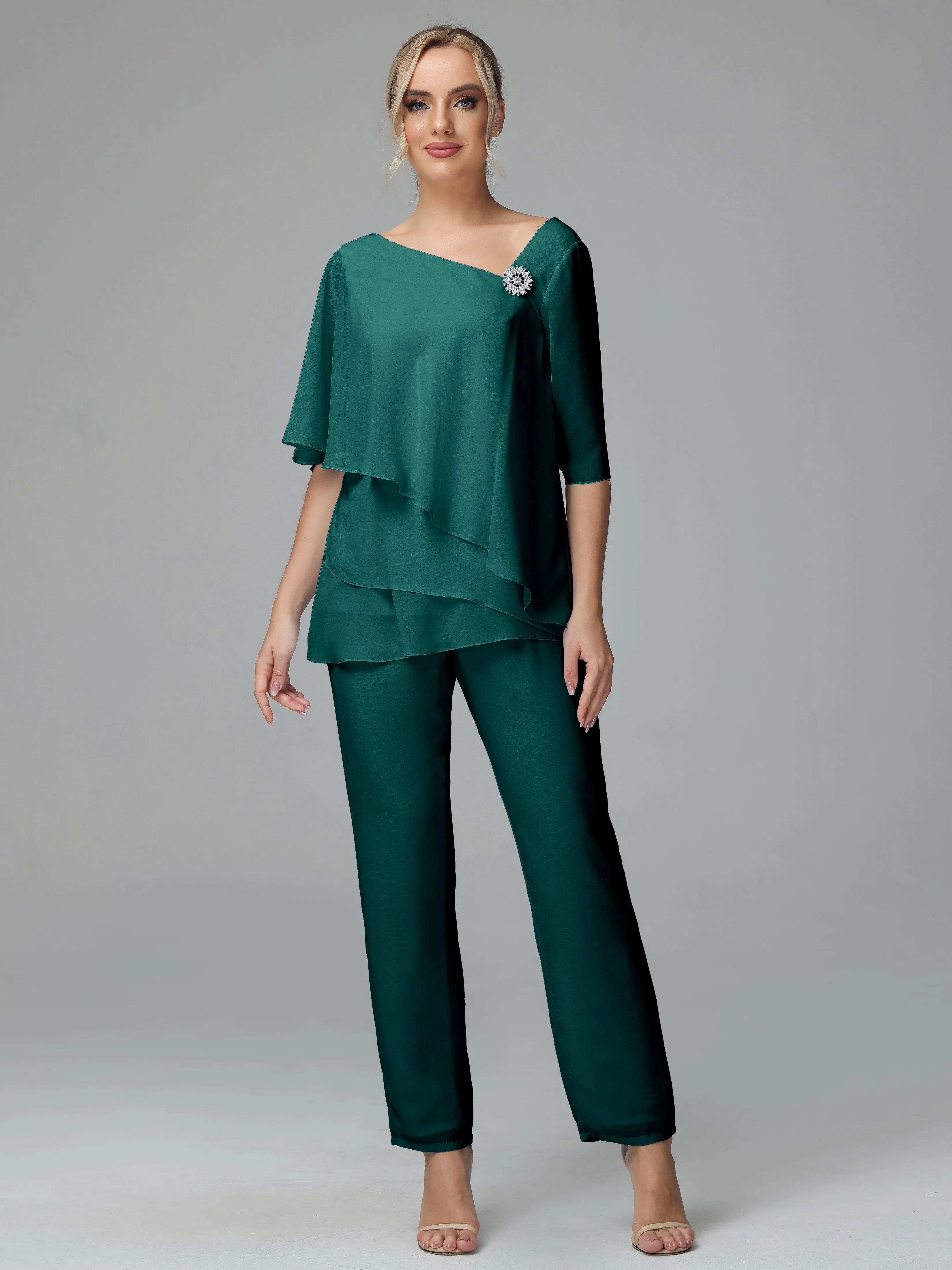 Half Sleeves Chiffon Mother of the Bride Dress Pant Suits With Beading