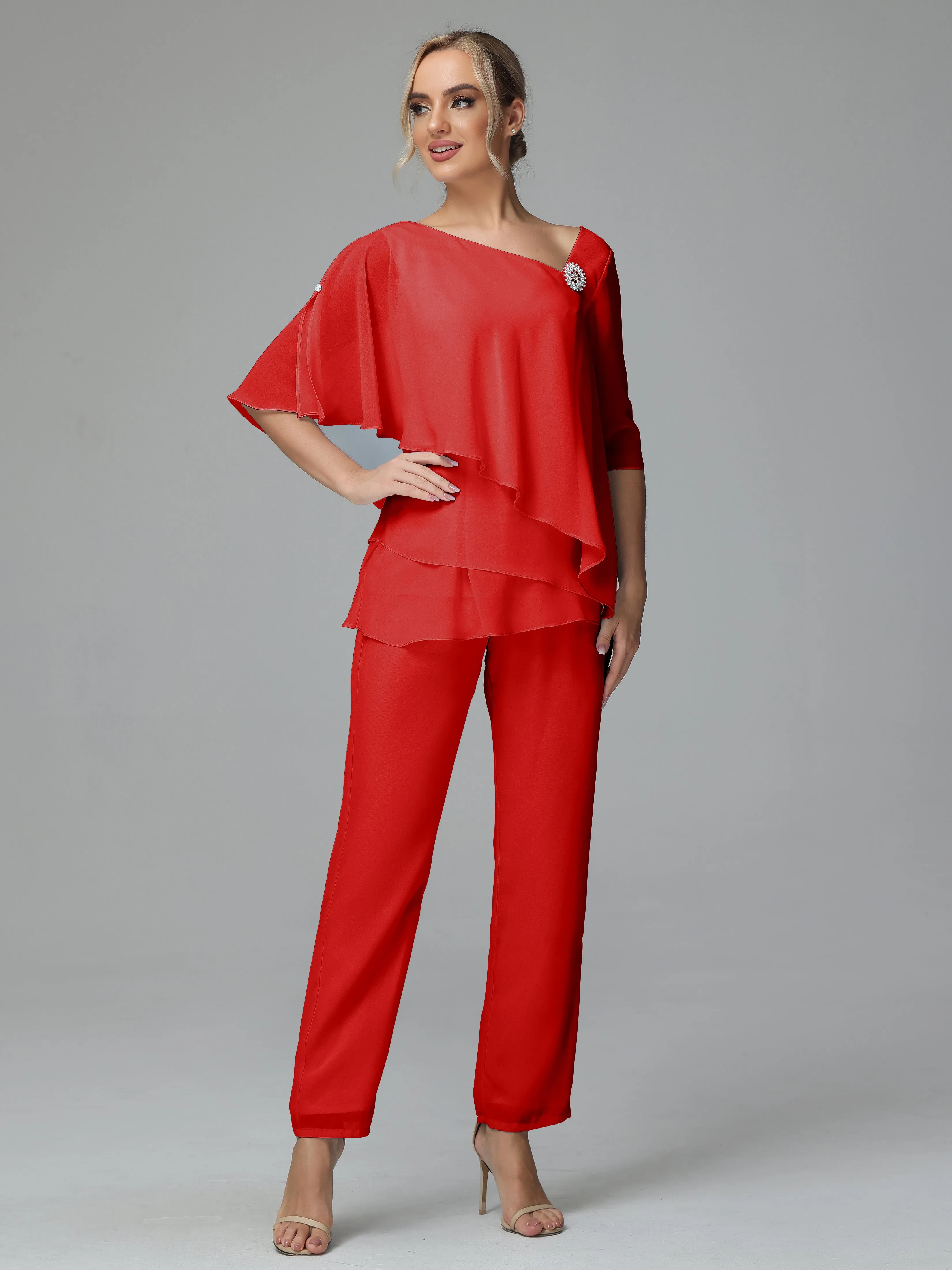 Half Sleeves Chiffon Mother of the Bride Dress Pant Suits With Beading