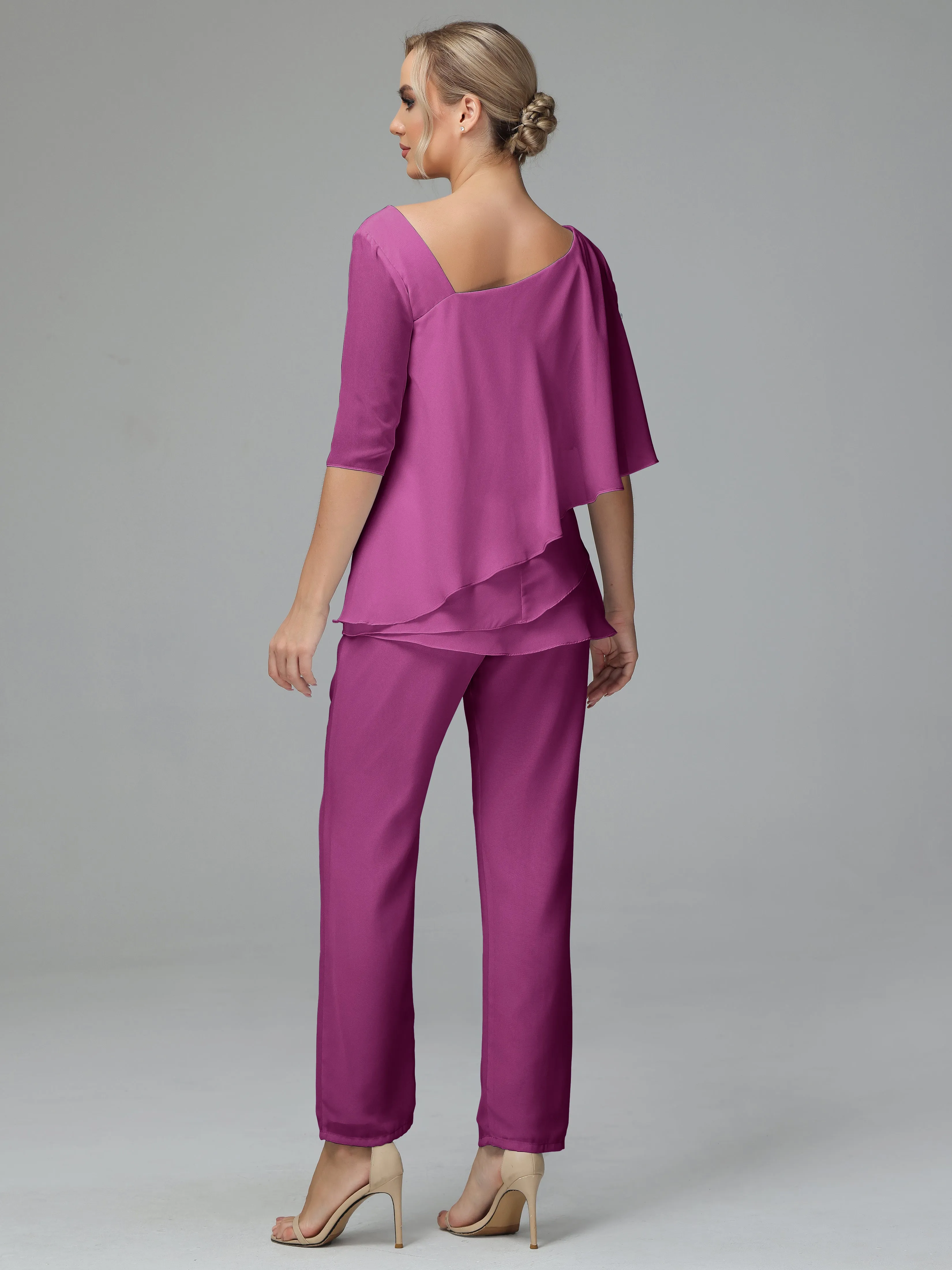 Half Sleeves Chiffon Mother of the Bride Dress Pant Suits With Beading