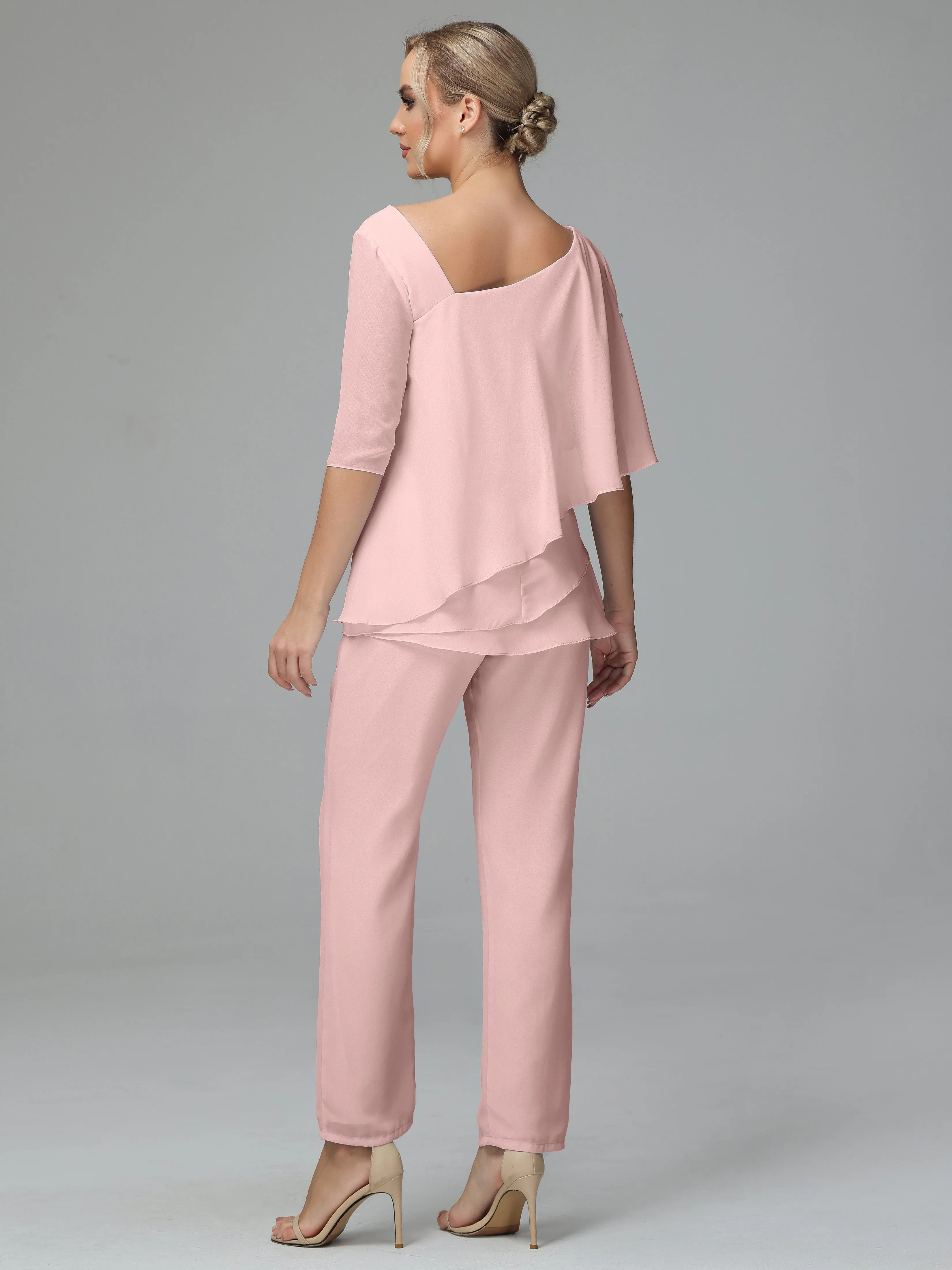 Half Sleeves Chiffon Mother of the Bride Dress Pant Suits With Beading