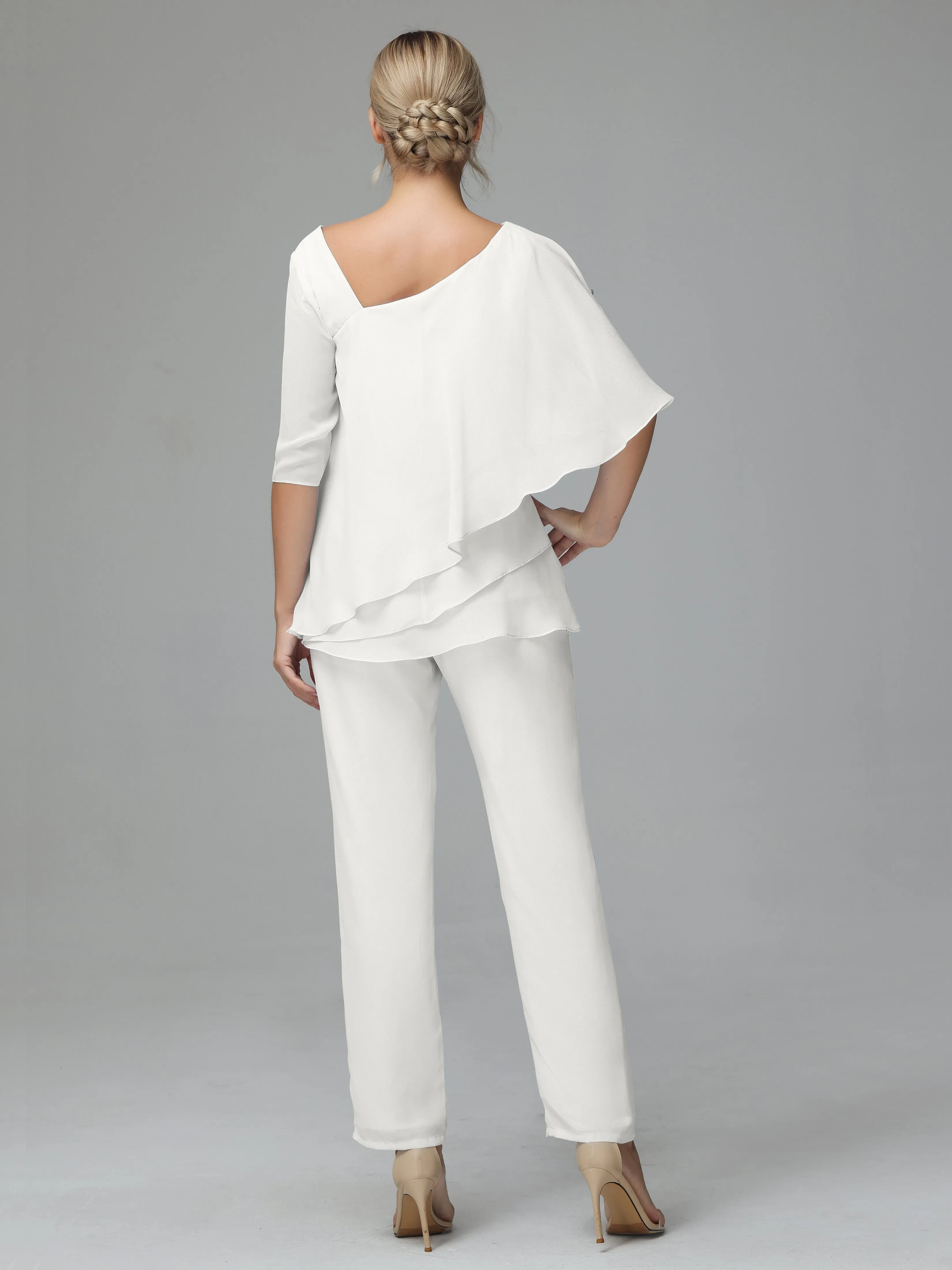 Half Sleeves Chiffon Mother of the Bride Dress Pant Suits With Beading